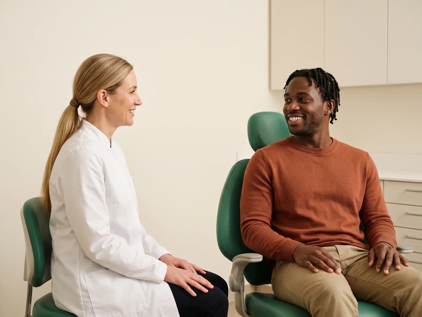 Illustrative dental conversation with a smiling man with short twists in a terracotta sweater and a dentist in a white coat.