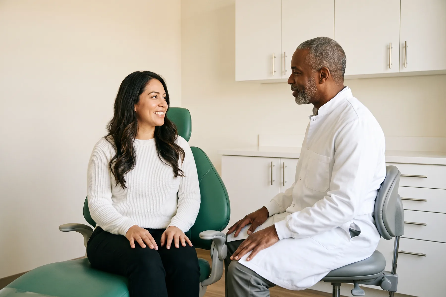 Illustrative dental conversation with a smiling woman in a white ribbed sweater and a dentist in a white coat.