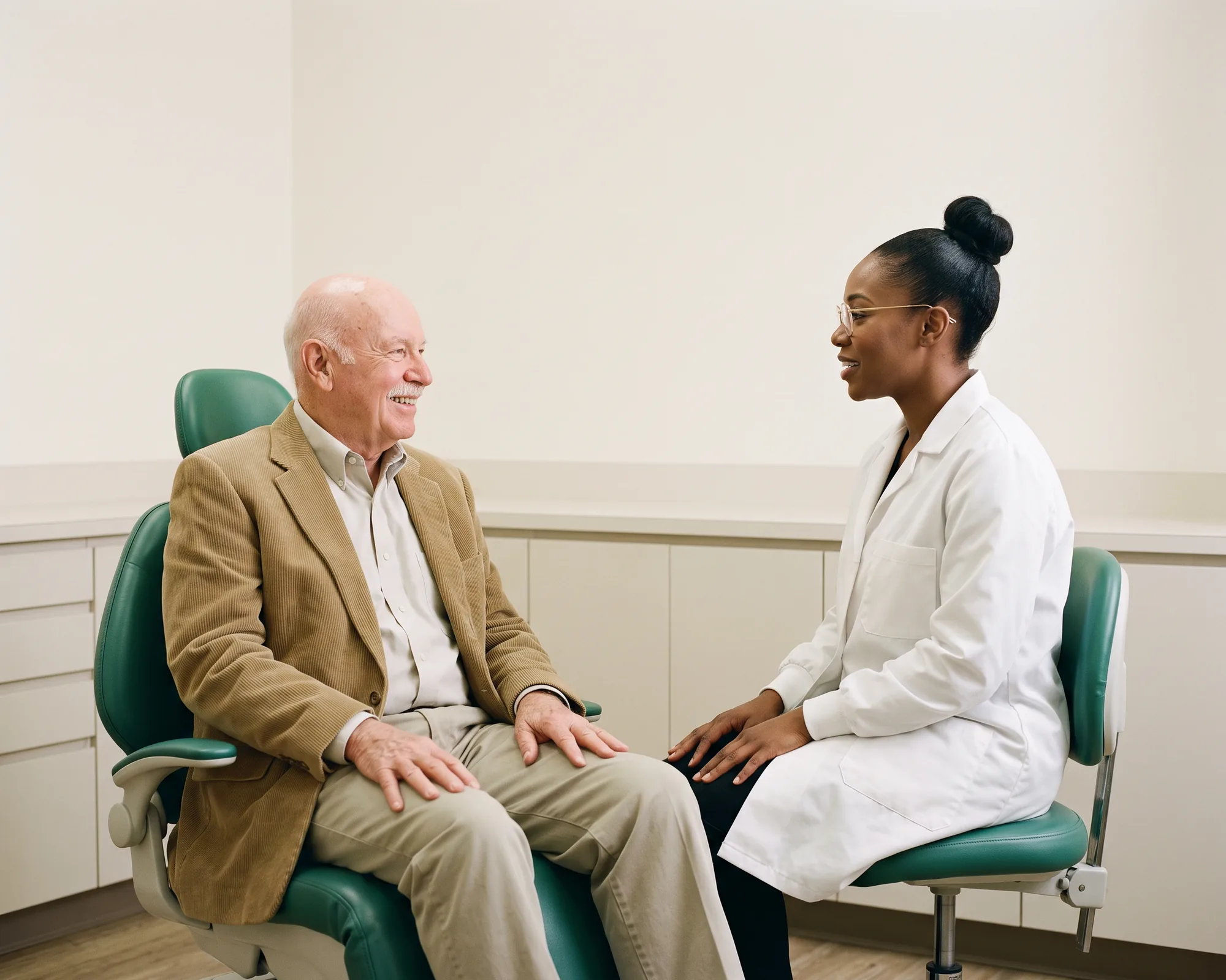 Illustrative dental conversation with a smiling older man in a tan corduroy jacket and a dentist in a white coat.