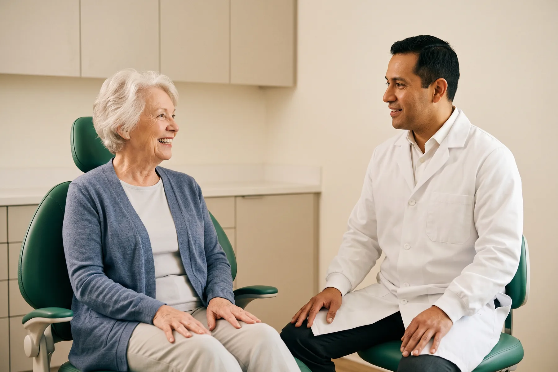 Illustrative dental conversation with a smiling woman with white hair in a heather blue cardigan and a dentist in a white coat.
