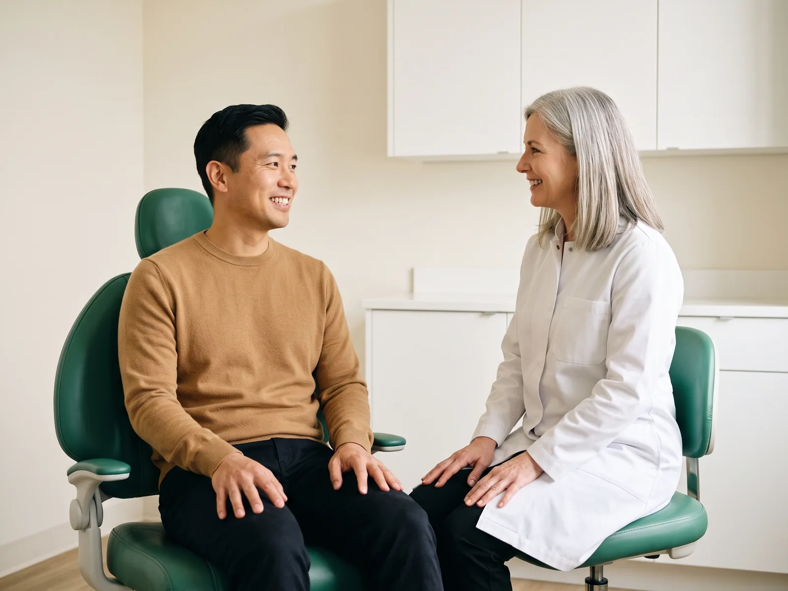 Illustrative dental conversation with a smiling man in a camel sweater and a dentist in a white coat.