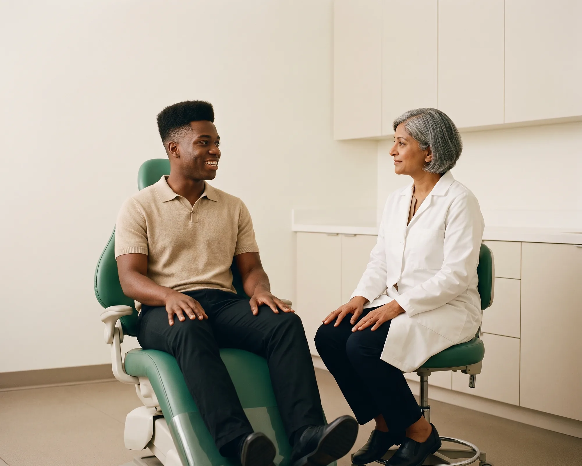 Illustrative dental conversation with a smiling young man in a sand knit polo and a dentist in a white coat.