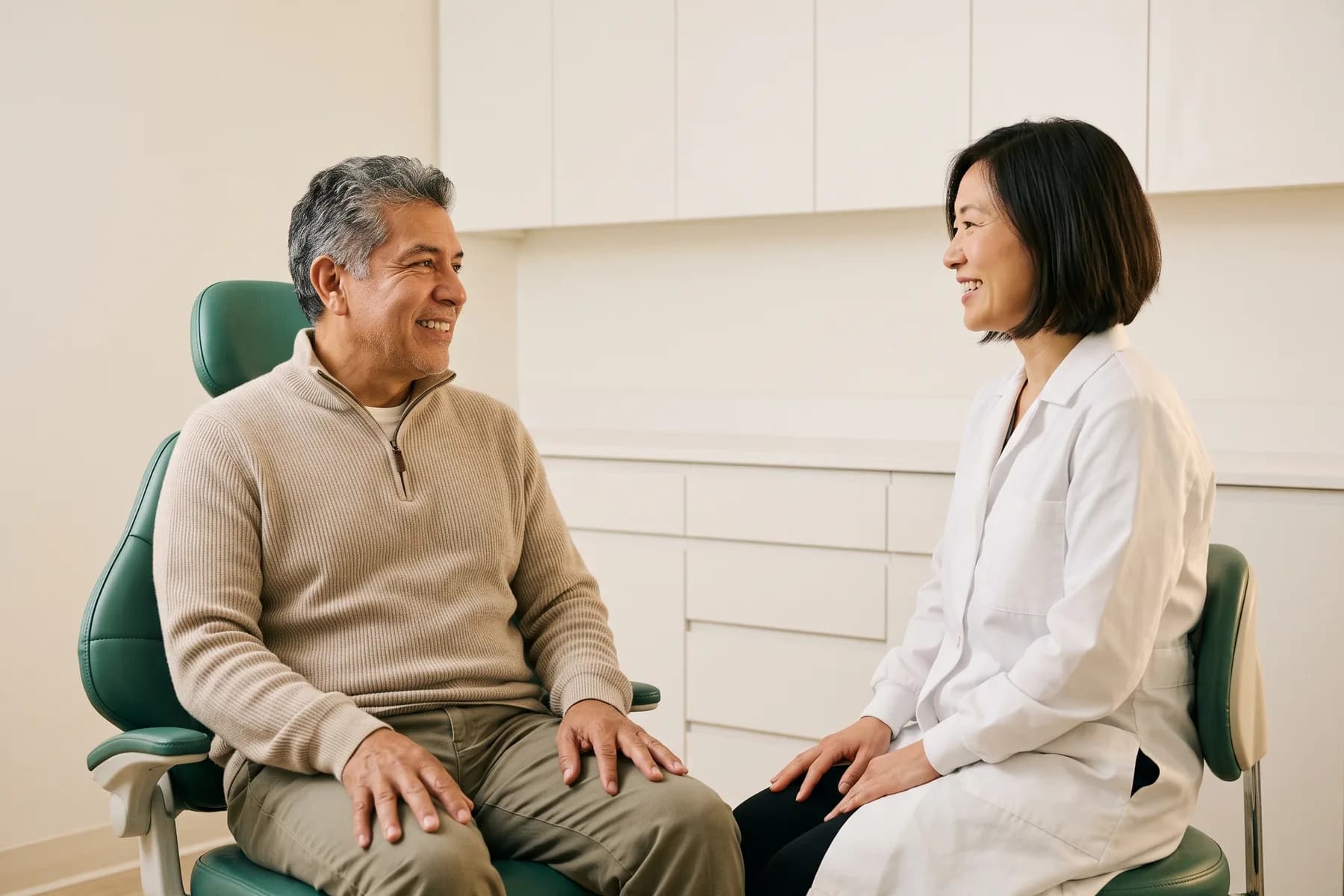 Illustrative dental conversation with a smiling man in a beige quarter zip sweater and a dentist in a white coat.