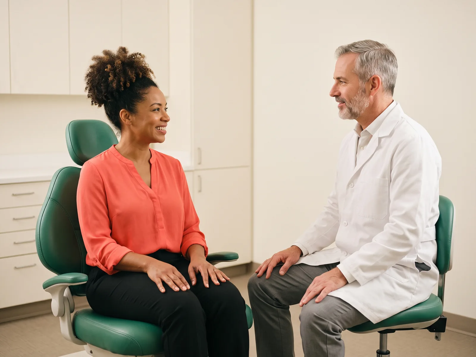 Illustrative dental conversation with a smiling woman with curly hair in a coral blouse and a dentist in a white coat.