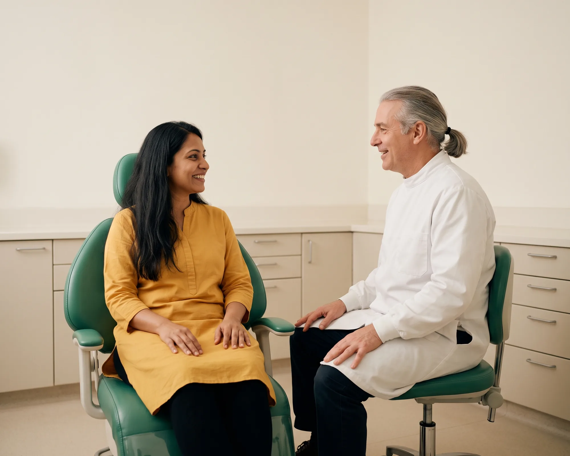 Illustrative dental conversation with a smiling woman in a saffron tunic and a dentist in a white coat.