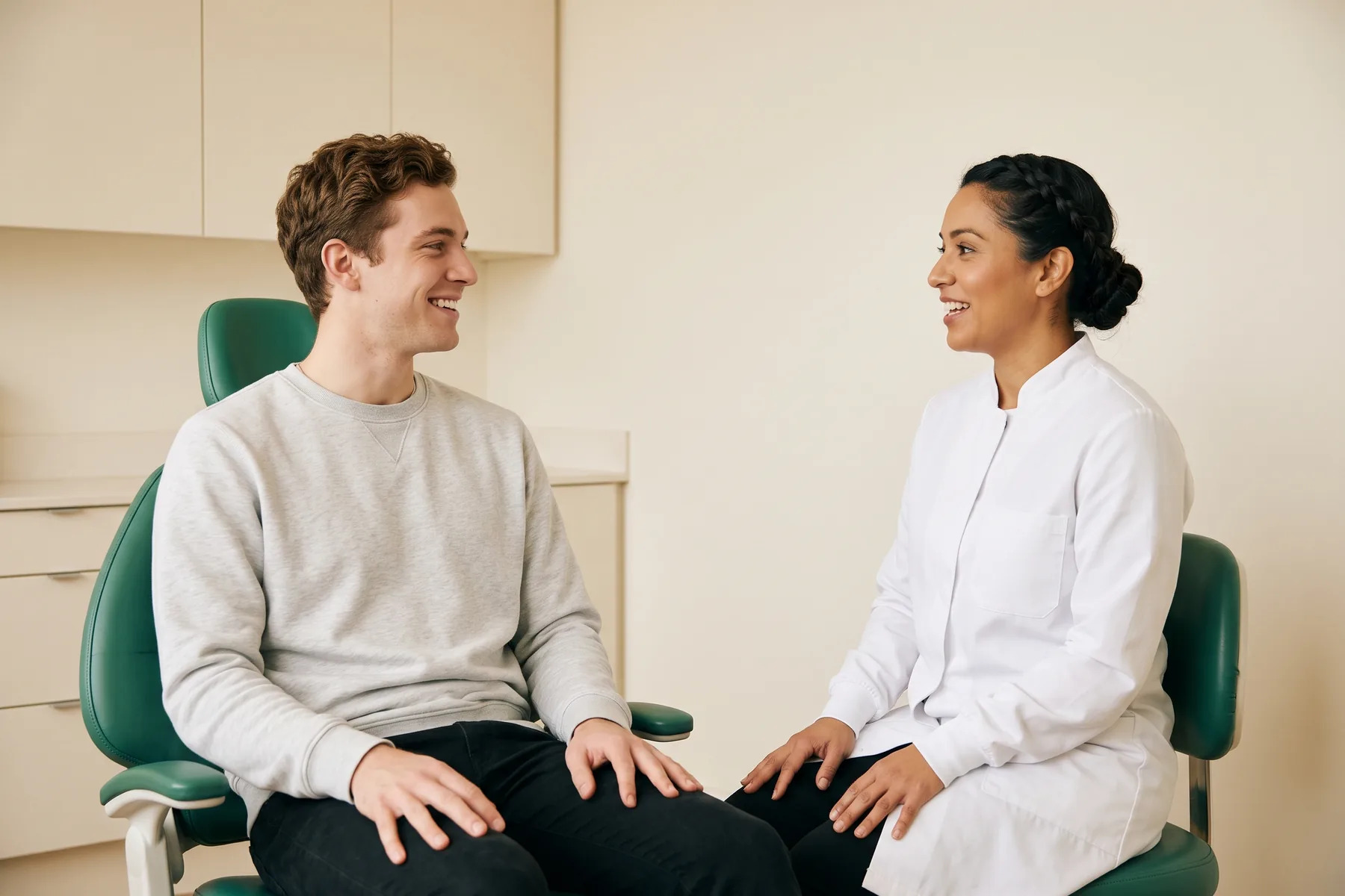 Illustrative dental conversation with a smiling young man in a light grey sweatshirt and a dentist in a white coat.