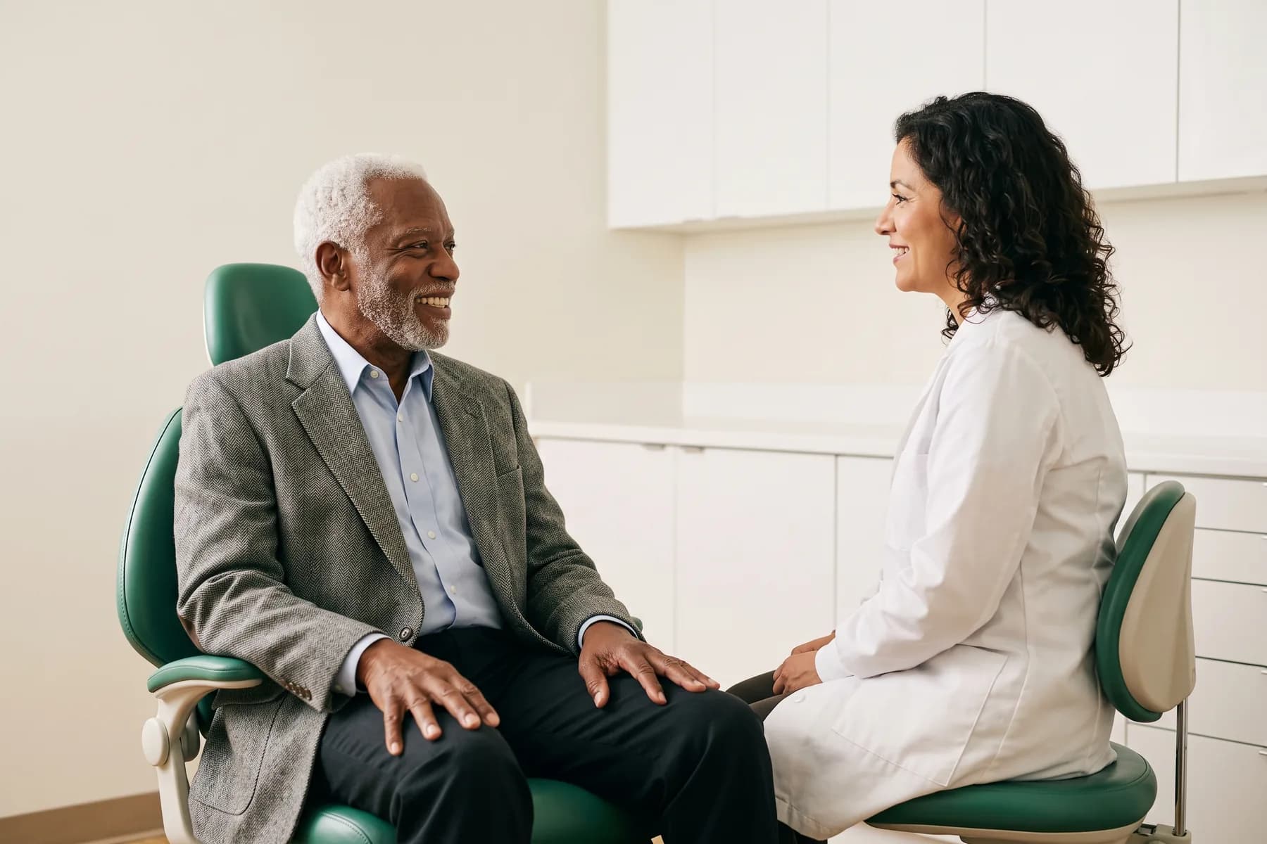 Illustrative dental conversation with a smiling man with a white beard in a grey herringbone blazer and a dentist in a white coat.