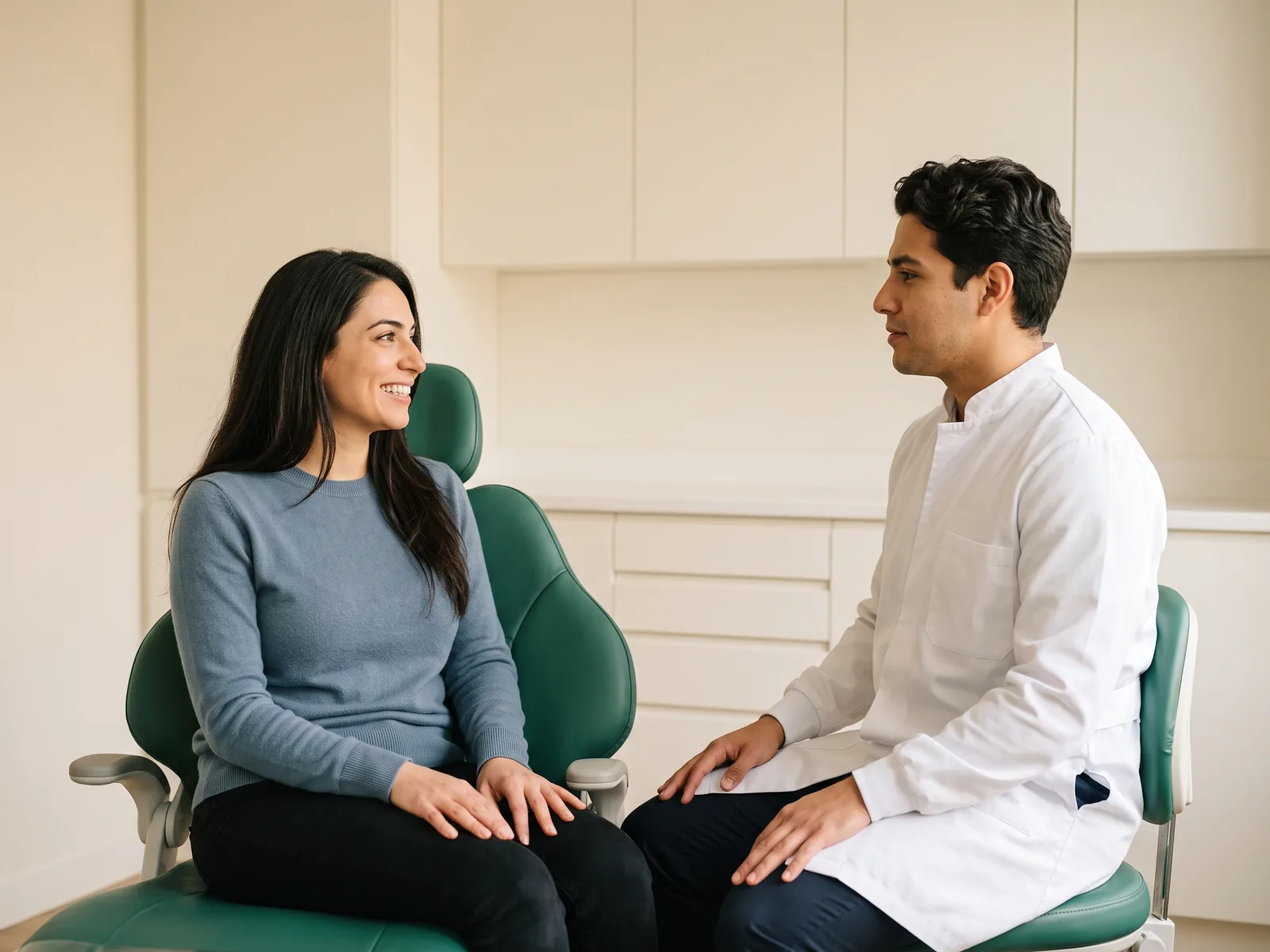 Illustrative dental conversation with a smiling woman with long dark hair in a dusty blue sweater and a dentist in a white coat.