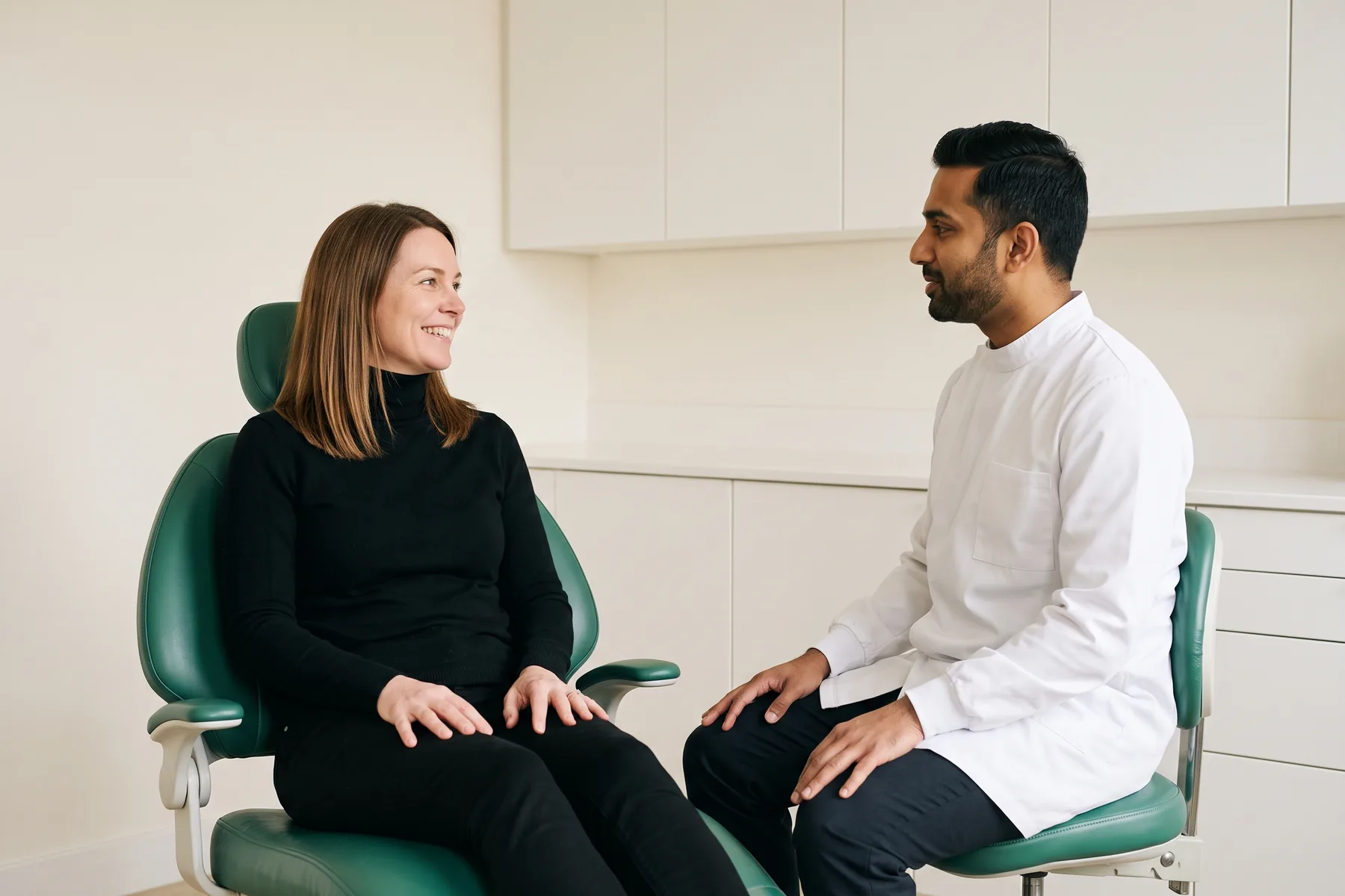 Illustrative dental conversation with a smiling woman in a black turtleneck sweater and a dentist in a white coat.