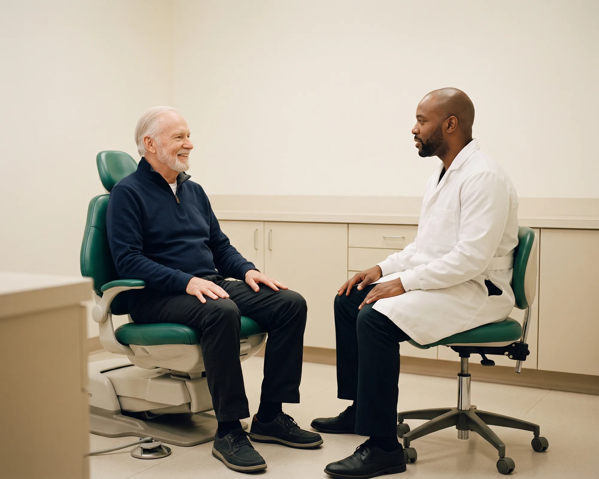 Illustrative dental conversation with a smiling older man with a white beard in a navy quarter zip pullover and a dentist in a white coat.
