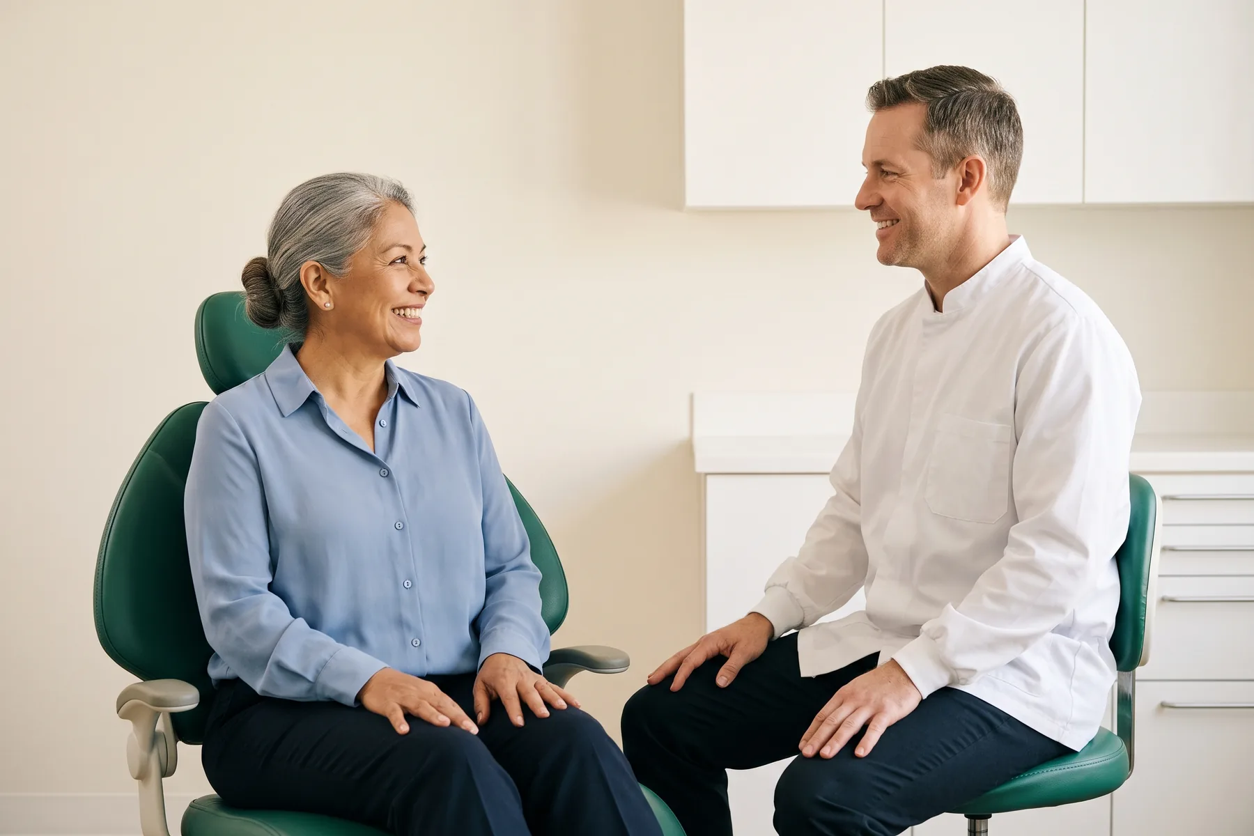 Illustrative dental conversation with a smiling woman with grey hair in a soft blue blouse and a dentist in a white coat.