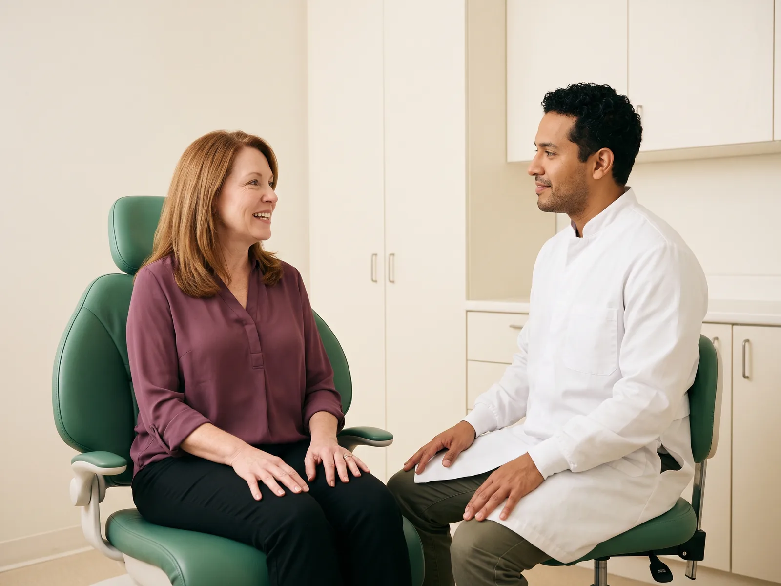 Illustrative dental conversation with a smiling woman with auburn hair in a plum blouse and a dentist in a white coat.