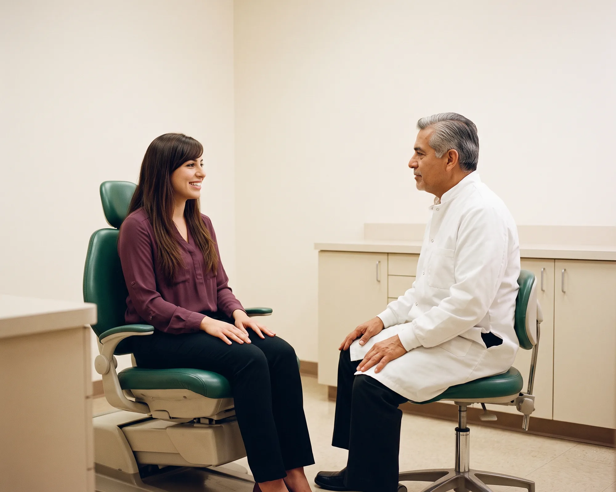 Illustrative dental conversation with a smiling woman with long dark hair and a fringe in a plum blouse and a dentist in a white coat.