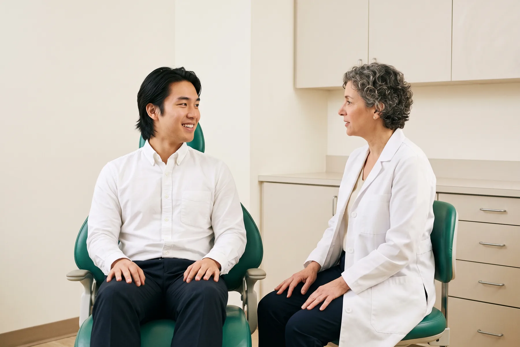 Illustrative dental conversation with a smiling young man in a white oxford shirt and a dentist in a white coat.