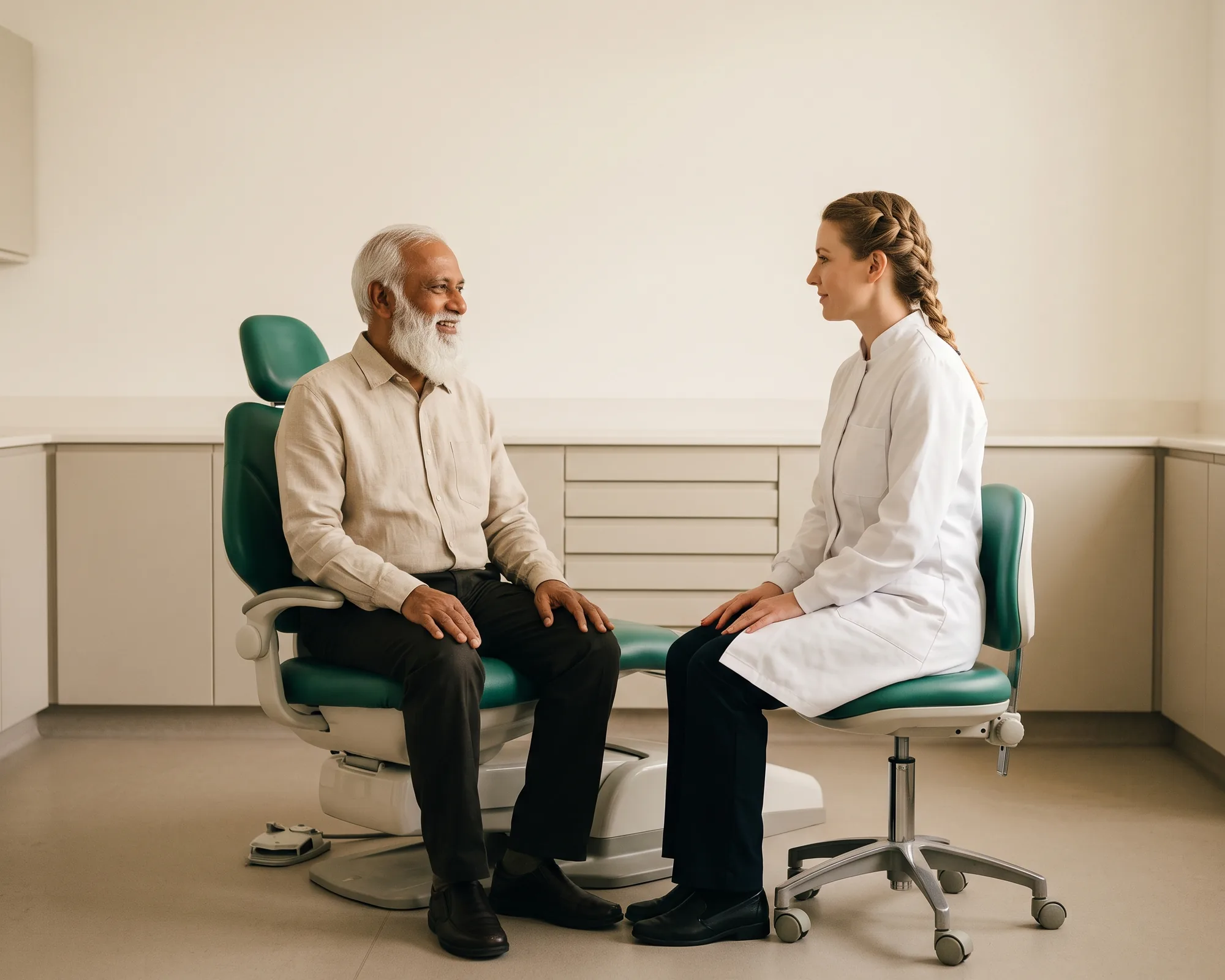 Illustrative dental conversation with a smiling older man with a long white beard in a beige linen shirt and a dentist in a white coat.
