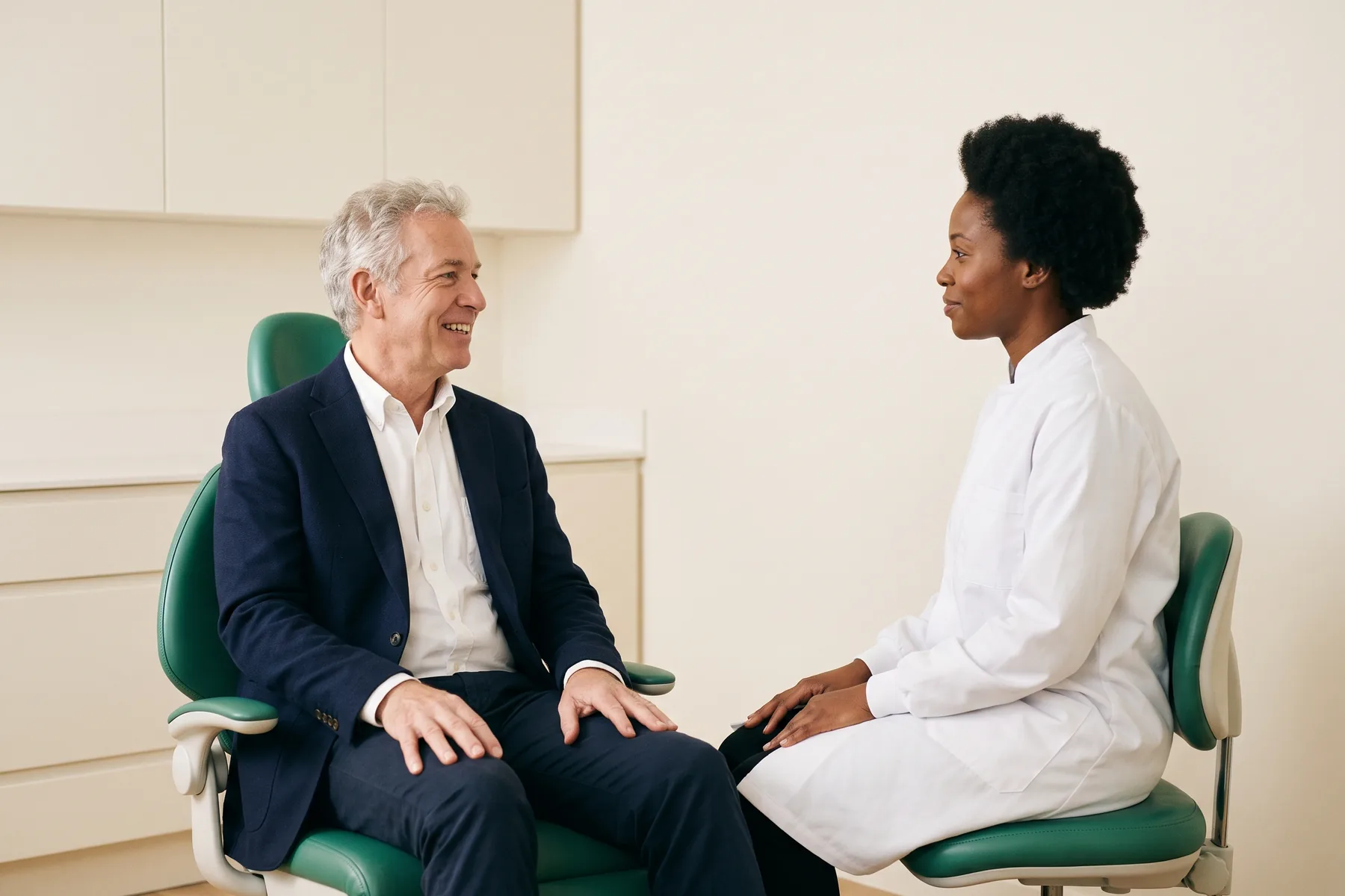 Illustrative dental conversation with a smiling man with grey hair in a navy blazer and a dentist in a white coat.