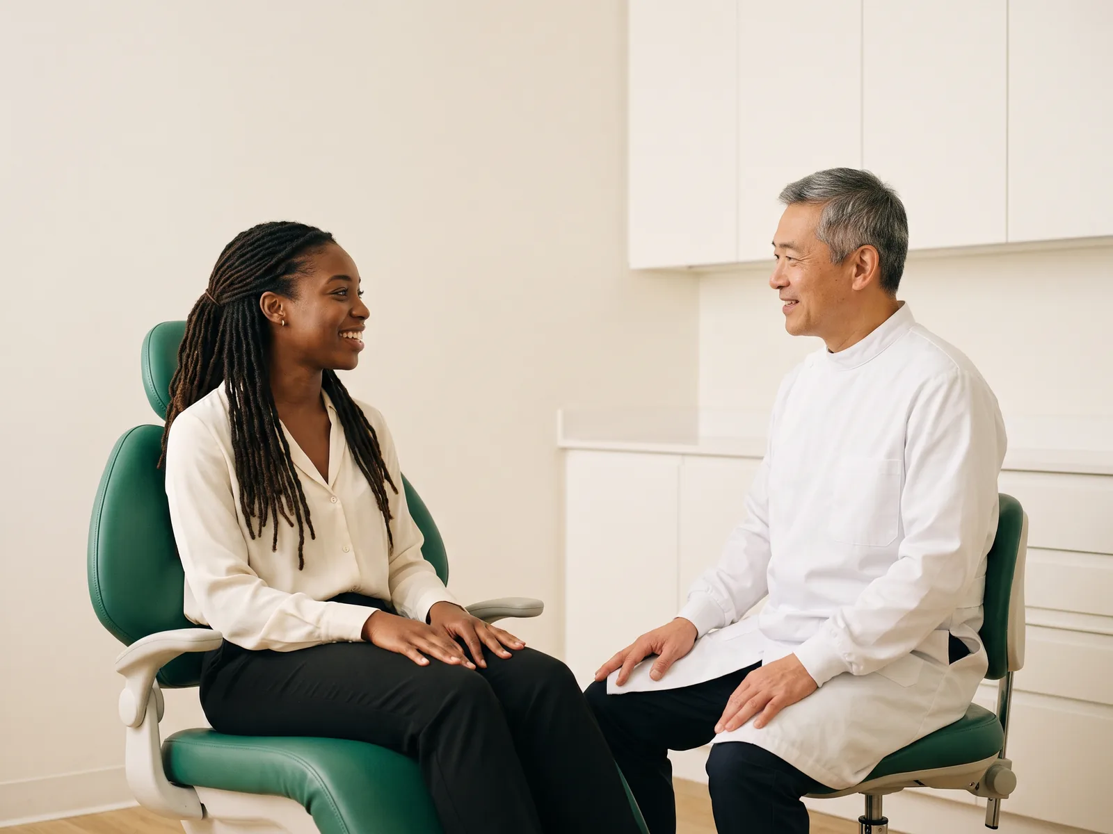 Illustrative dental conversation with a smiling woman with long locs in a cream blouse and a dentist in a white coat.