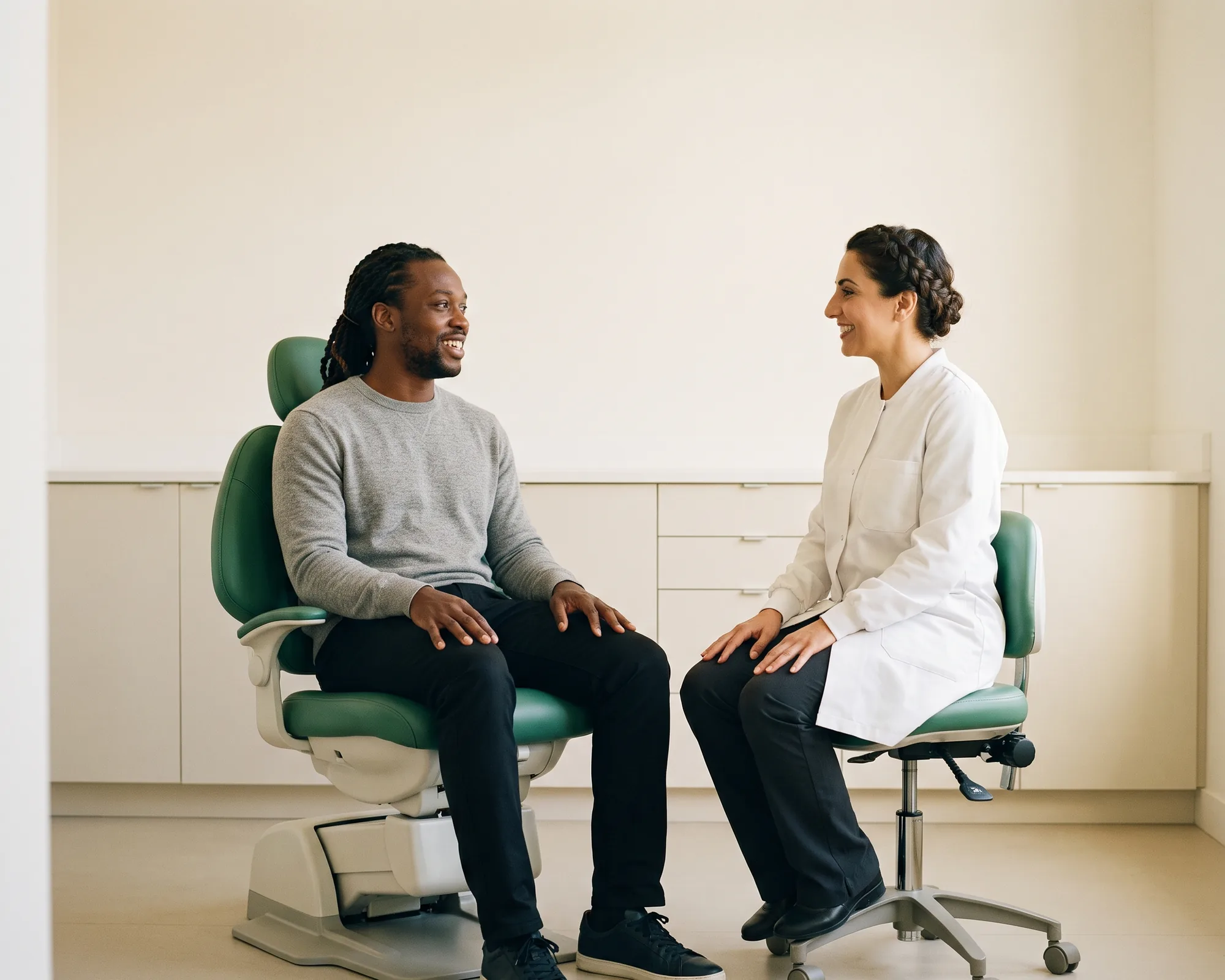 Illustrative dental conversation with a smiling man with long twists in a heather grey crewneck and a dentist in a white coat.