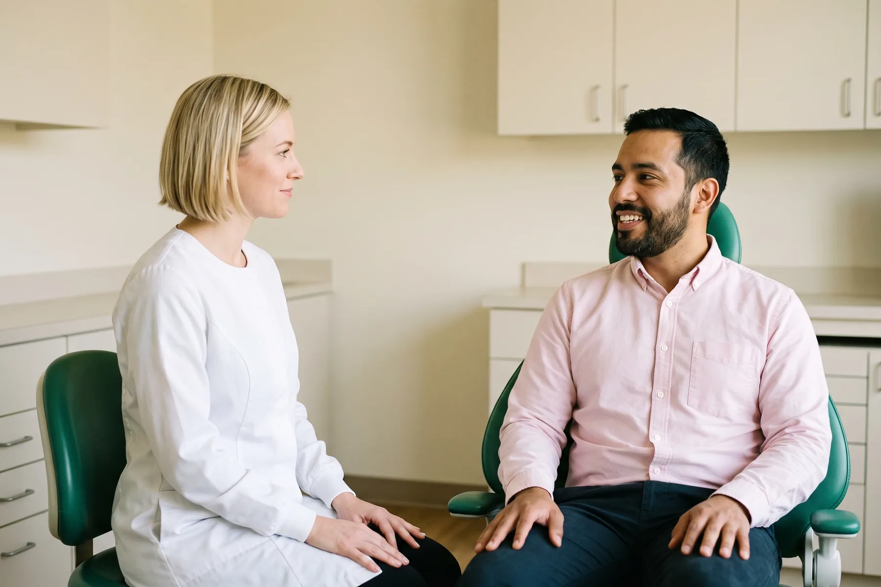 Illustrative dental conversation with a smiling bearded man in a light pink oxford shirt and a dentist in a white coat.