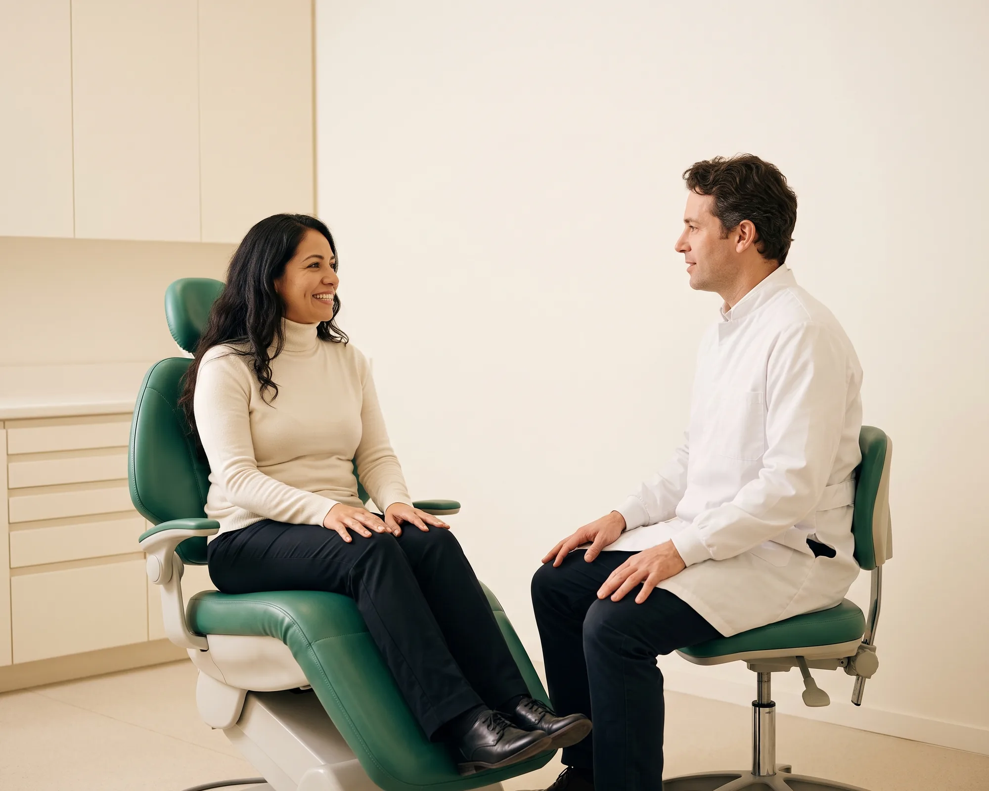A smiling woman with long dark hair in a dental chair talking with a dentist in a white coat.