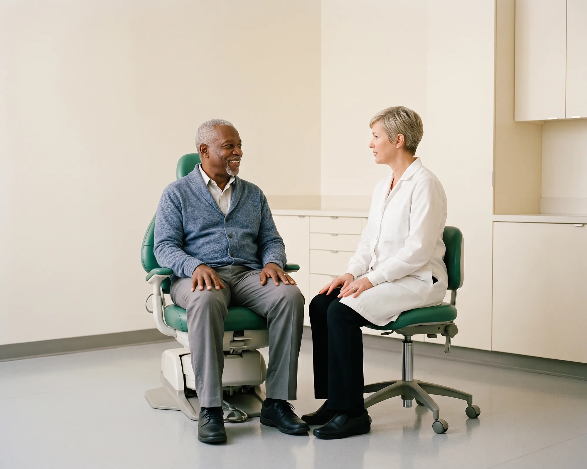 A smiling older man in a blue cardigan in a dental chair talking with a dentist in a white coat.