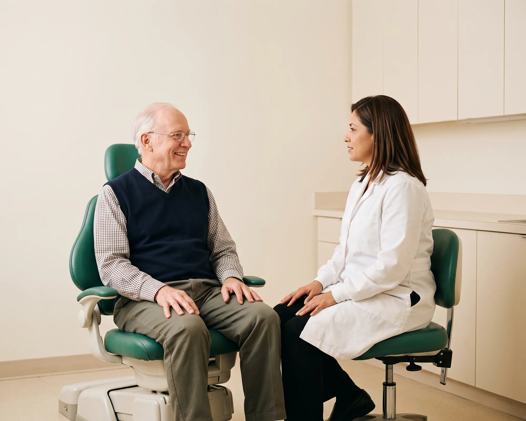 A smiling older man with glasses in a dental chair talking with a dentist in a white coat.