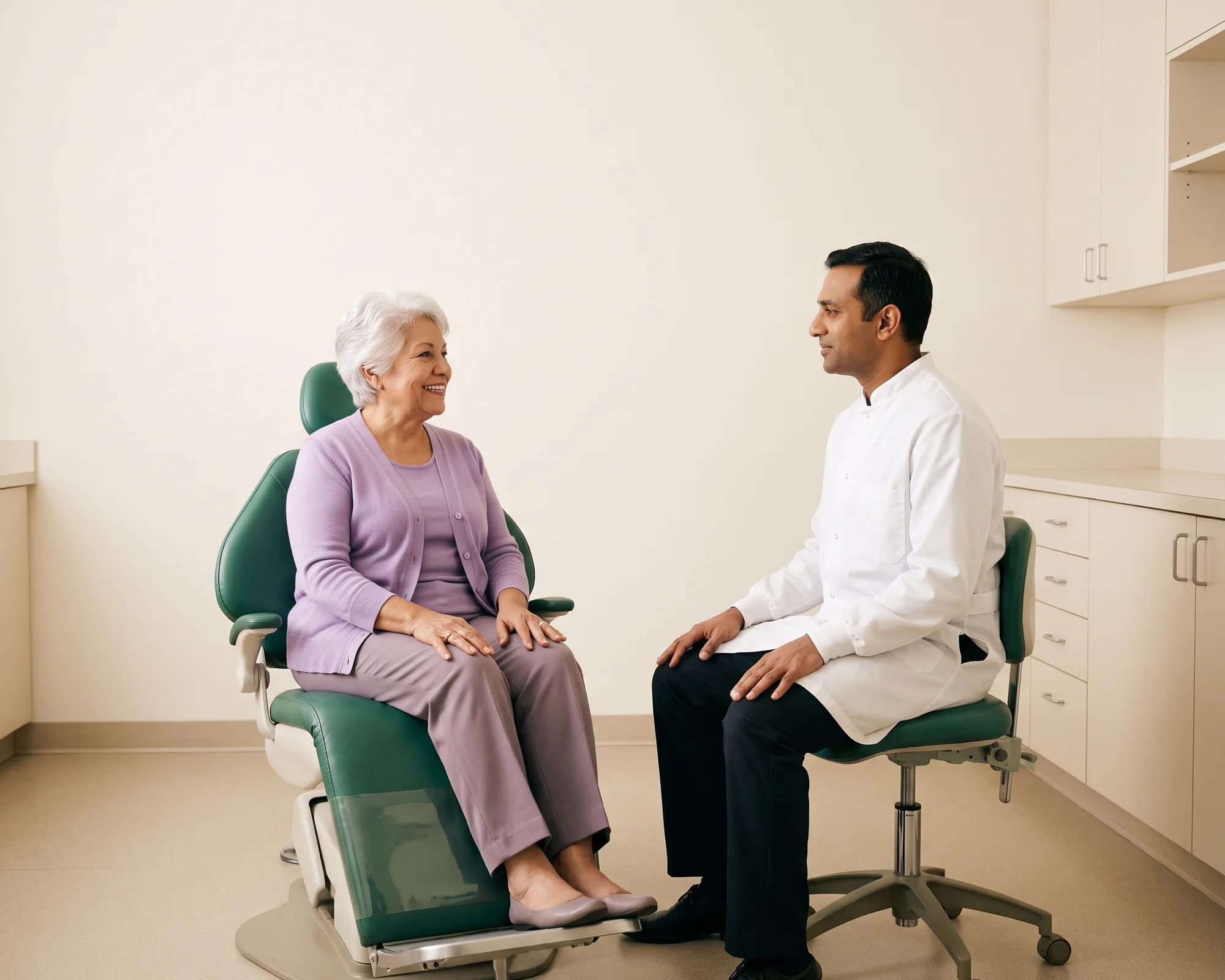 A smiling older woman with white hair in a dental chair talking with a dentist in a white coat.