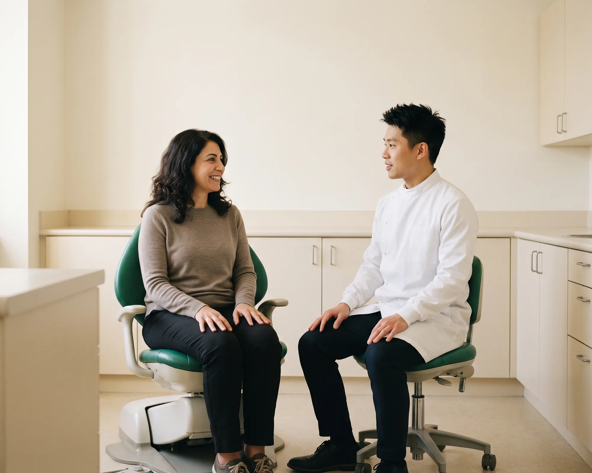 A smiling woman with dark wavy hair in a dental chair talking with a dentist in a white coat.