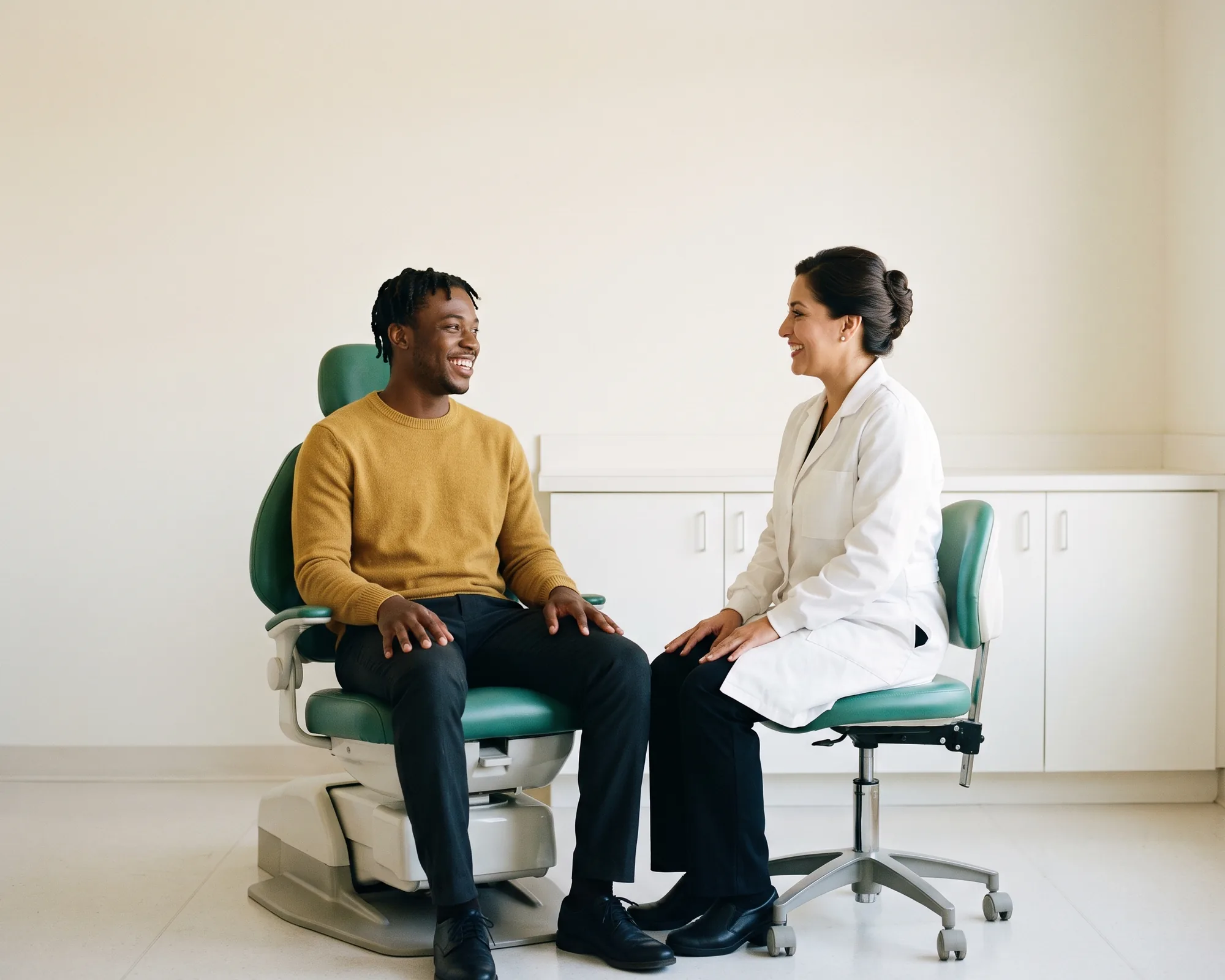 A smiling young man in a mustard sweater in a dental chair talking with a dentist in a white coat.