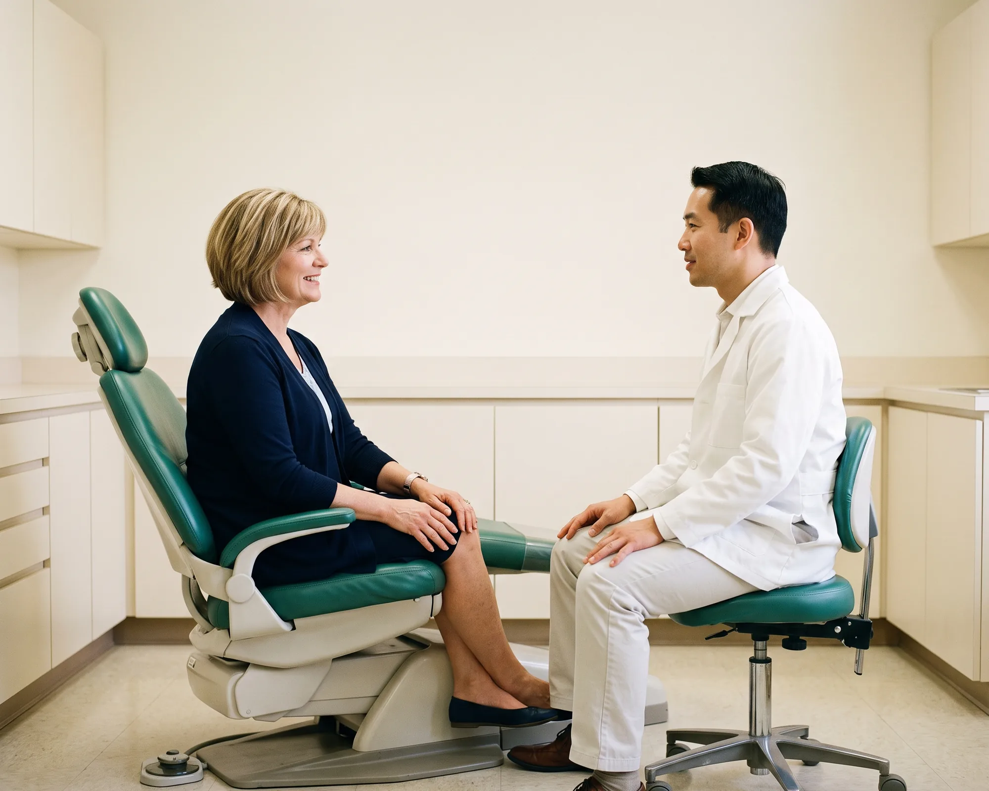 A smiling woman with a blonde bob in a dental chair talking with a dentist in a white coat.