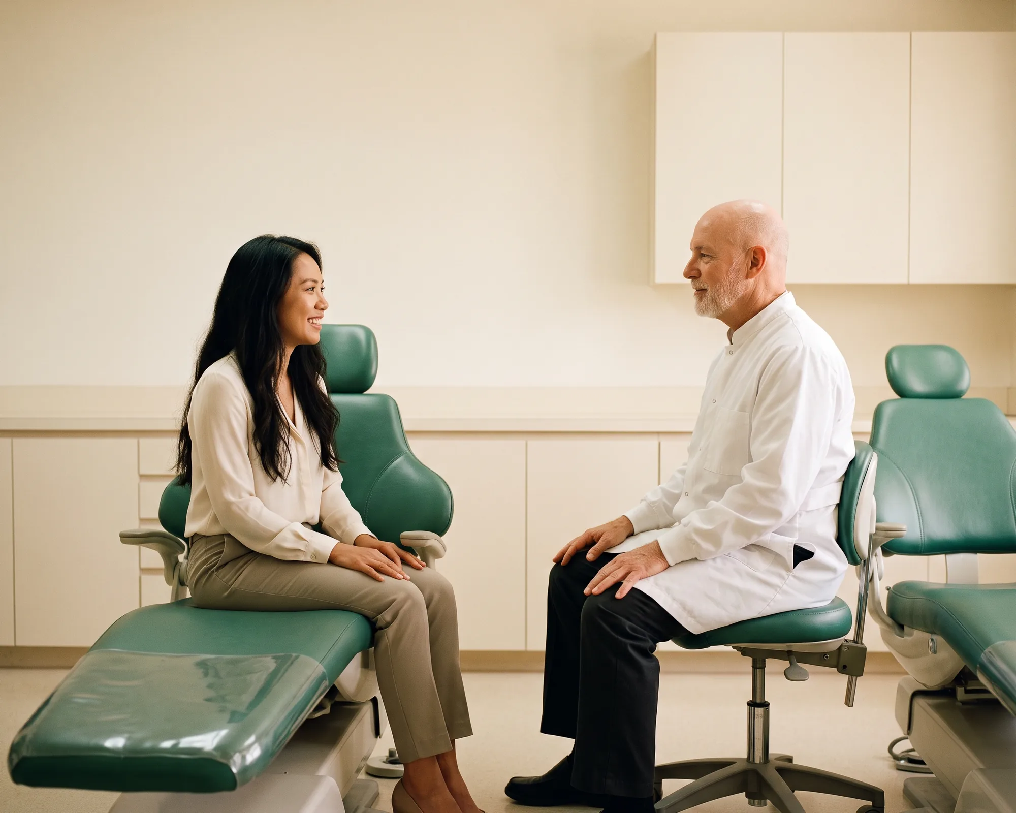 A smiling woman in a cream blouse in a dental chair talking with a dentist in a white coat.