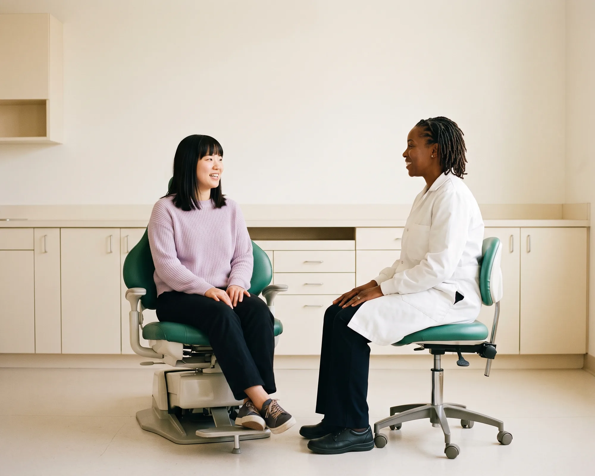A smiling young woman in a lilac sweater in a dental chair talking with a dentist in a white coat.