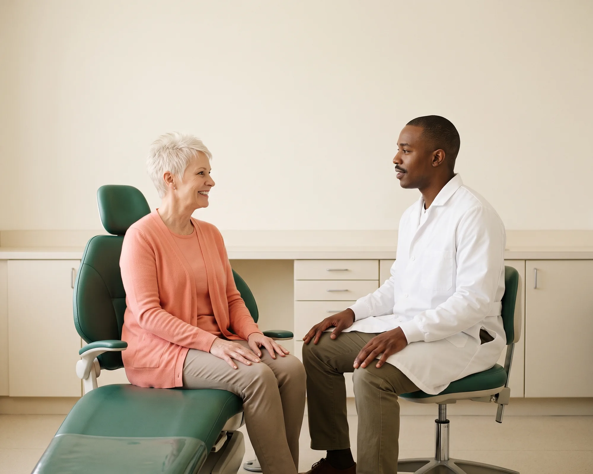 A smiling older woman with short platinum hair in a dental chair talking with a dentist in a white coat.