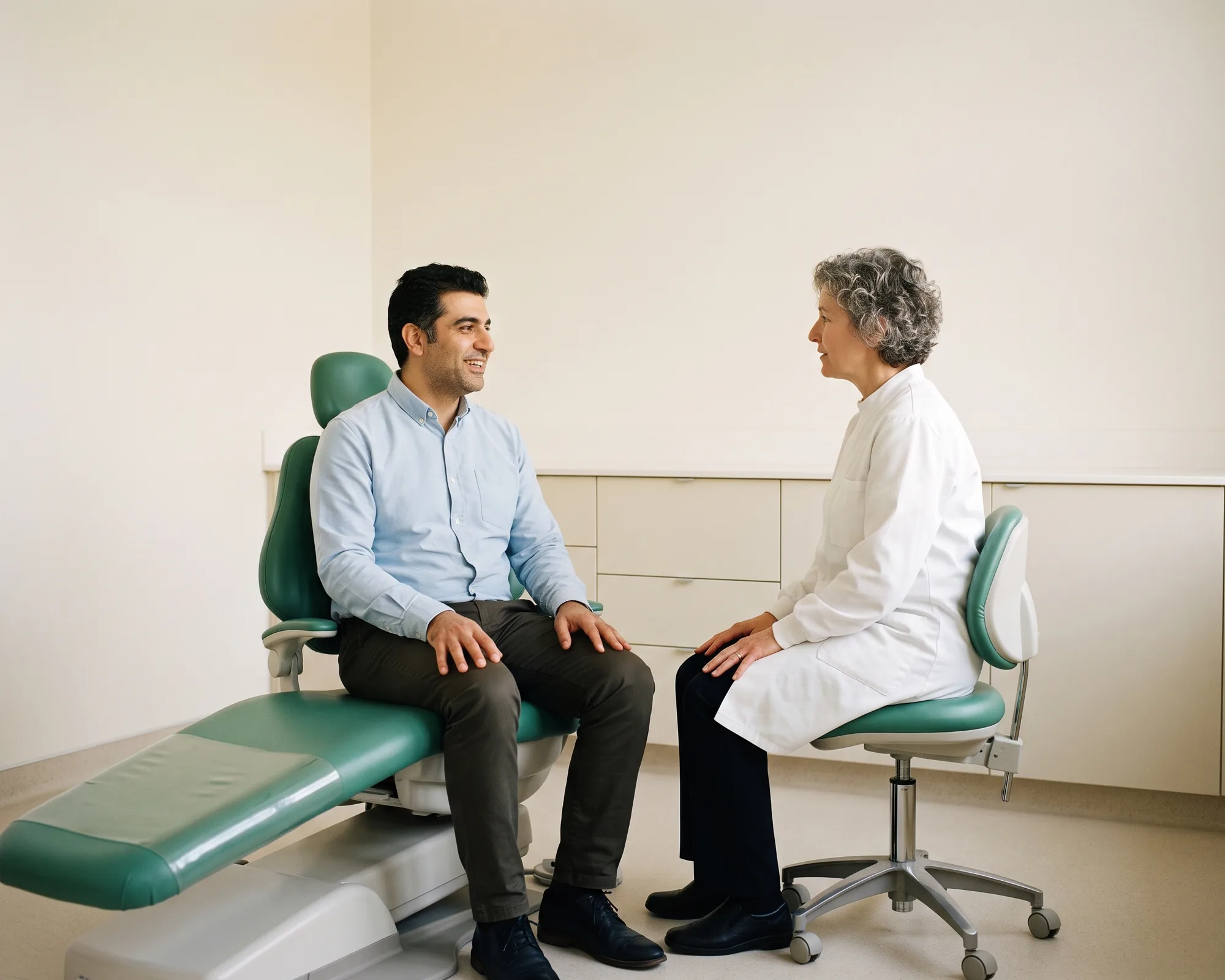 A smiling man in a light blue shirt in a dental chair talking with a dentist in a white coat.