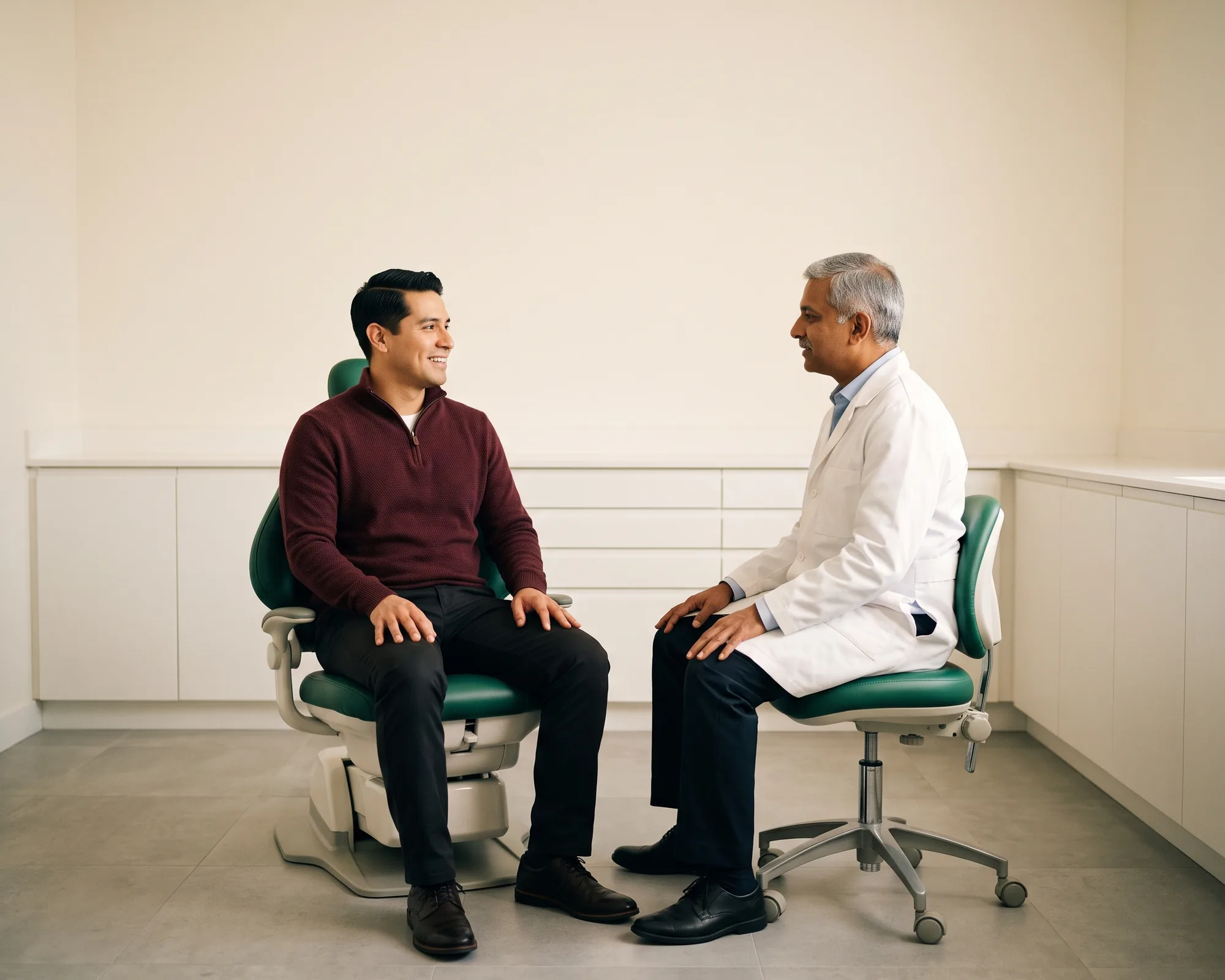 A smiling man in a burgundy sweater in a dental chair talking with a dentist in a white coat.