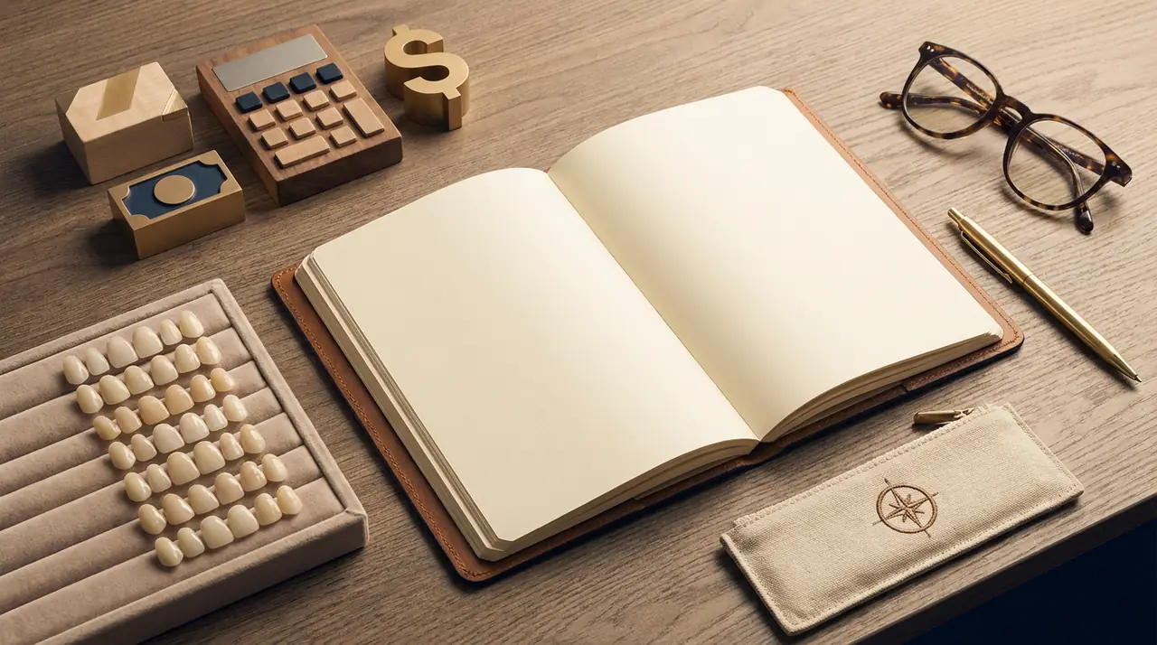 Illustrative veneer cost planning with ceramic samples and travel planning materials.