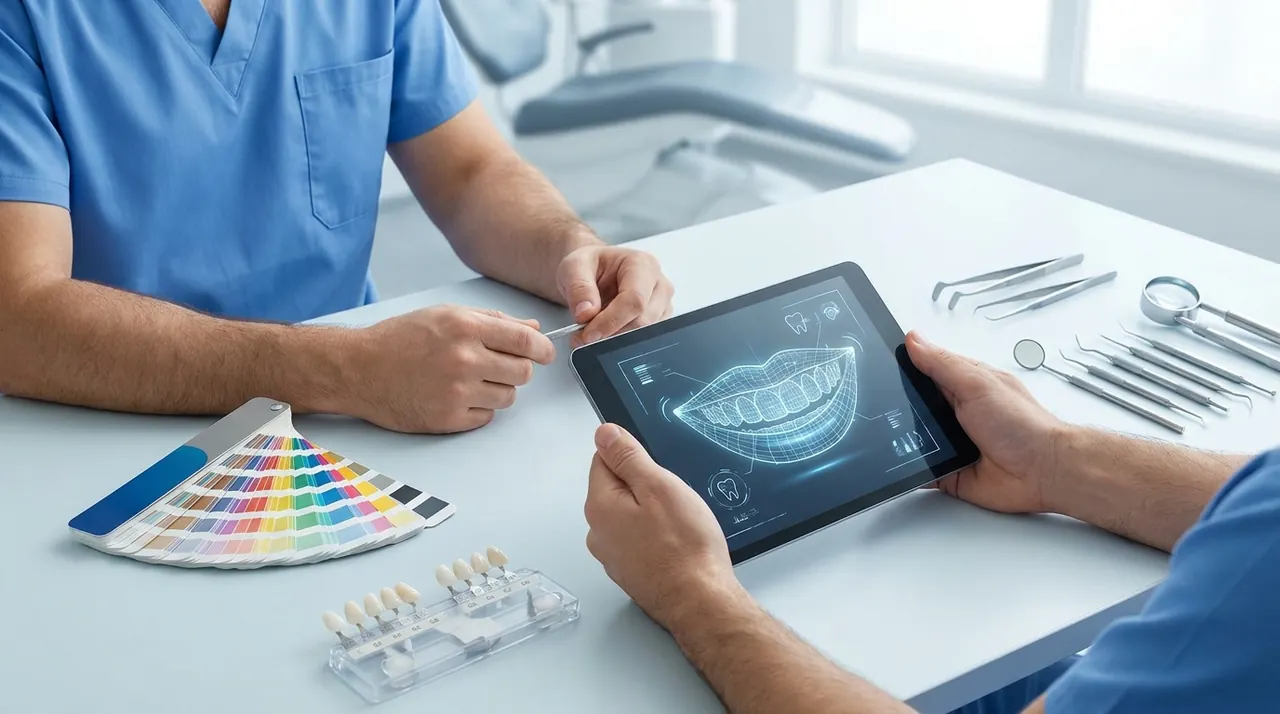 Illustrative veneer treatment planning with shade guide and smile design review.