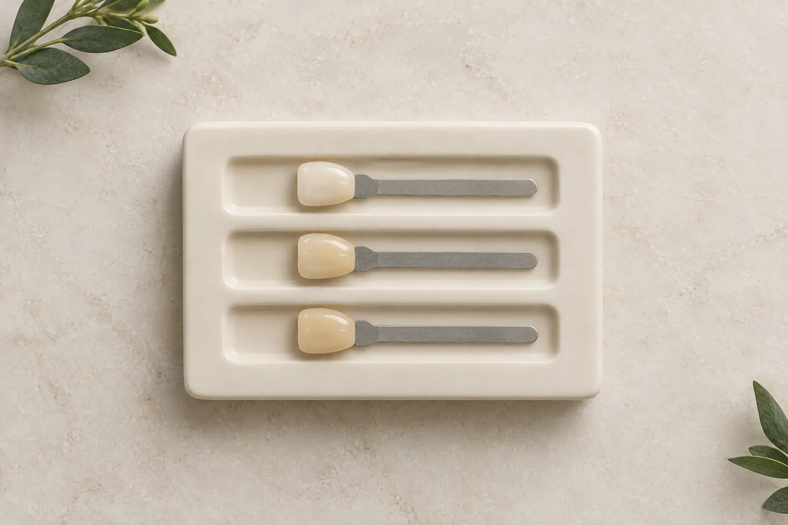 Illustrative dental shade tabs arranged in an ivory tray.