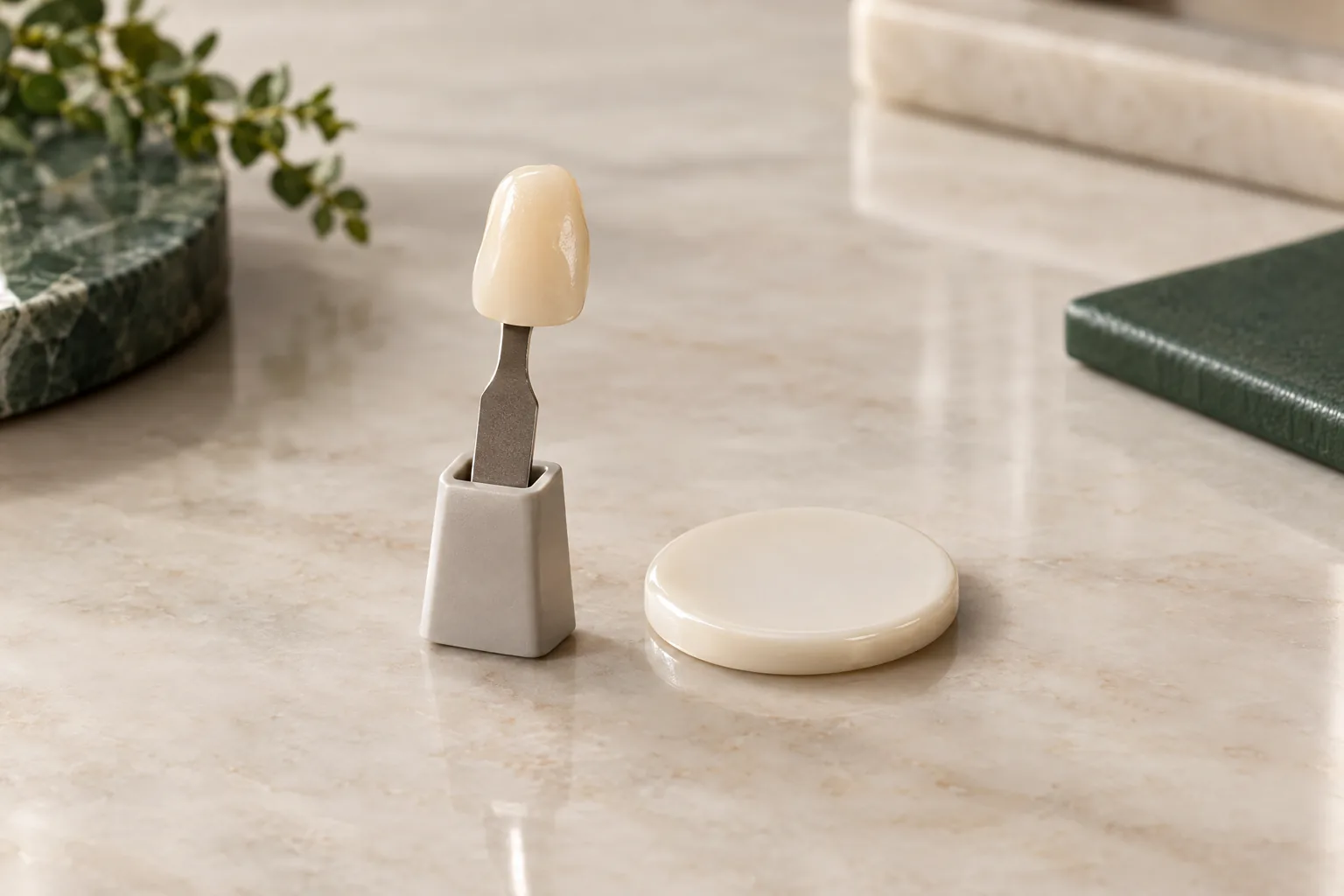 Illustrative dental shade tab beside a ceramic sample disk.
