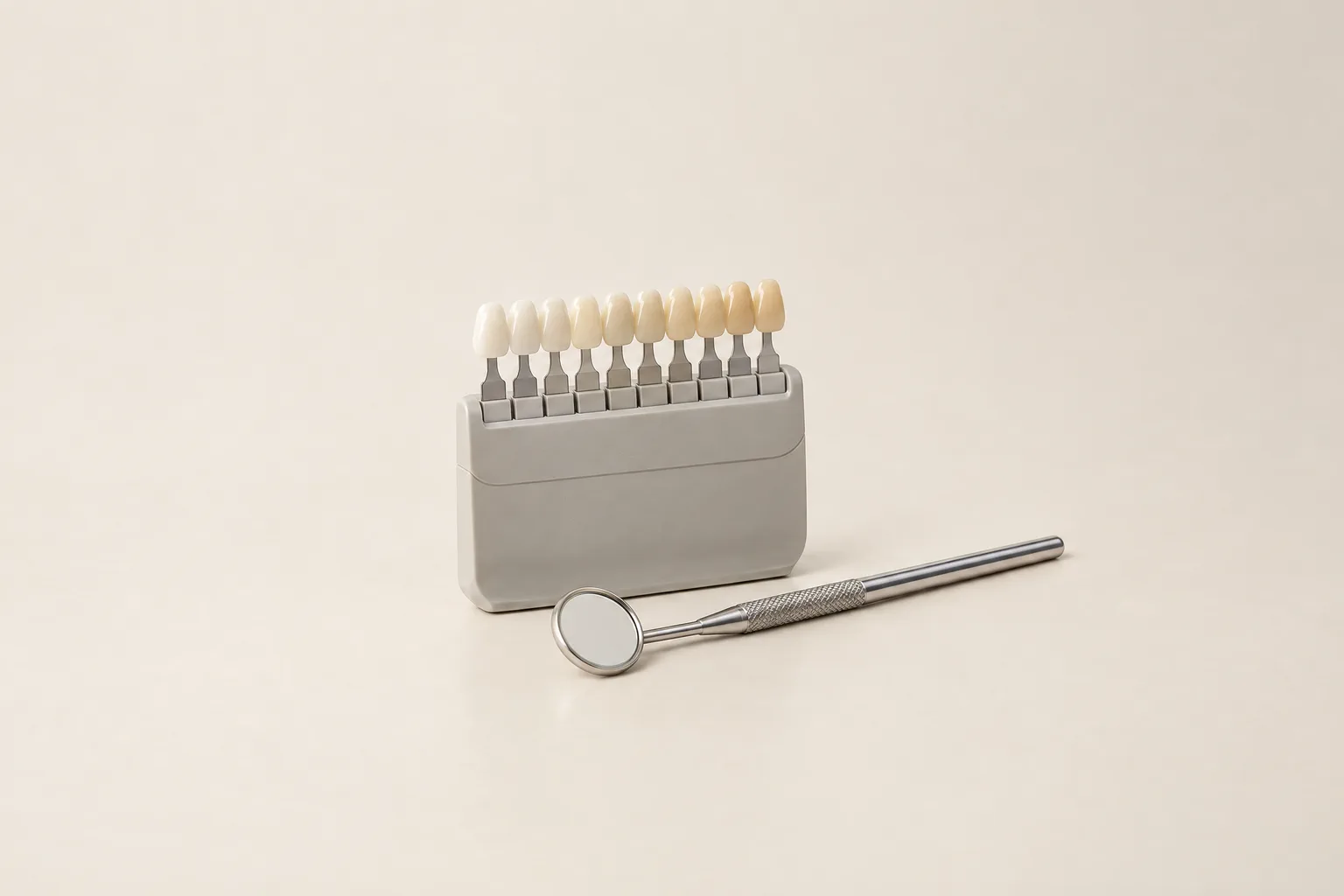 Illustrative dental shade tabs beside a dental mirror.