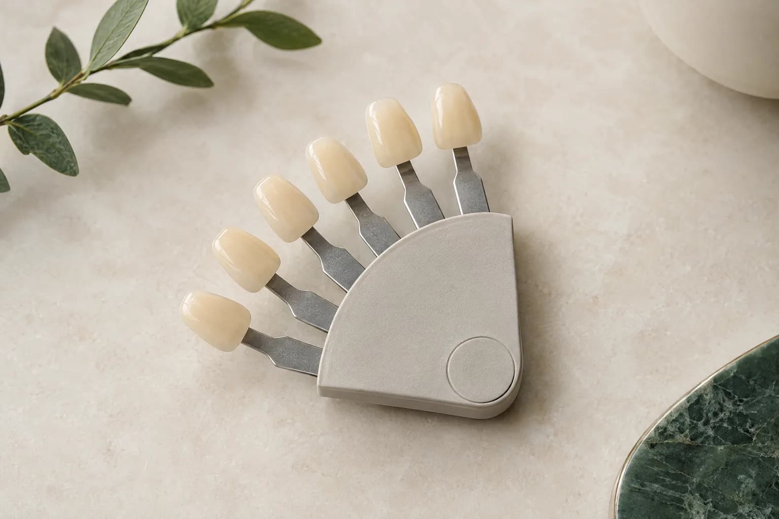 Illustrative dental shade tabs arranged in a fan-shaped holder.