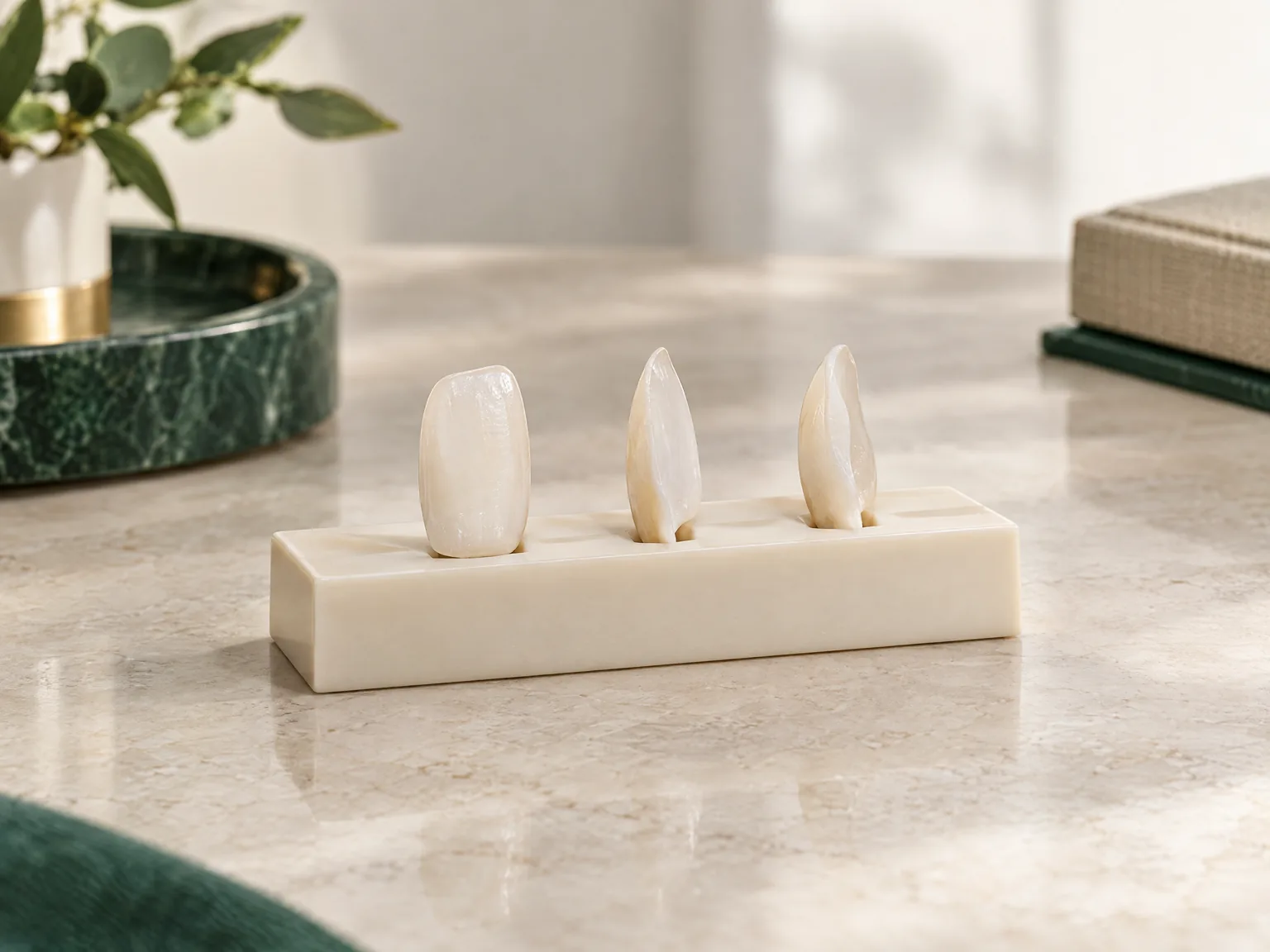 Illustrative ceramic veneer specimens on a display support.