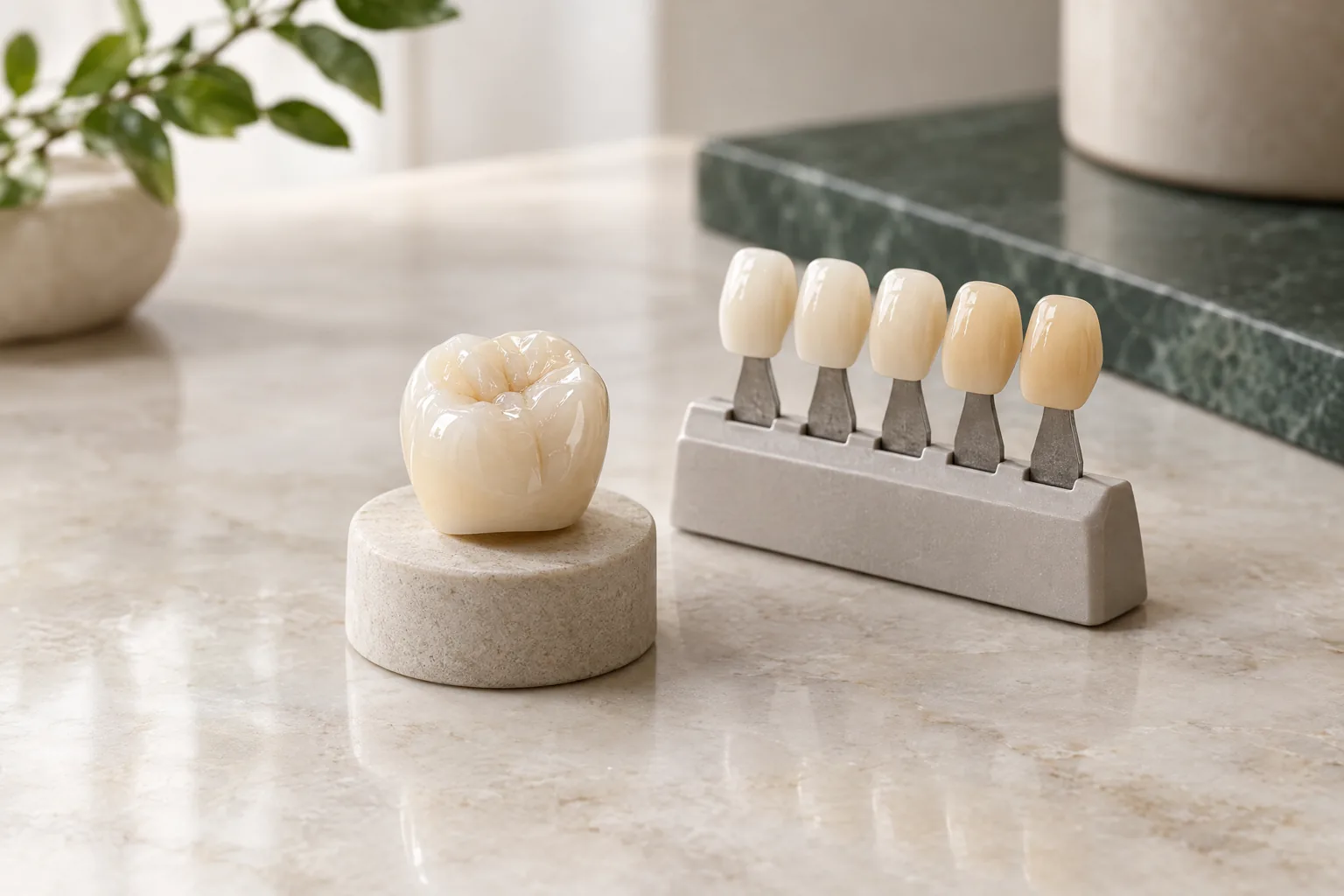 Illustrative dental crown beside mounted shade tabs.