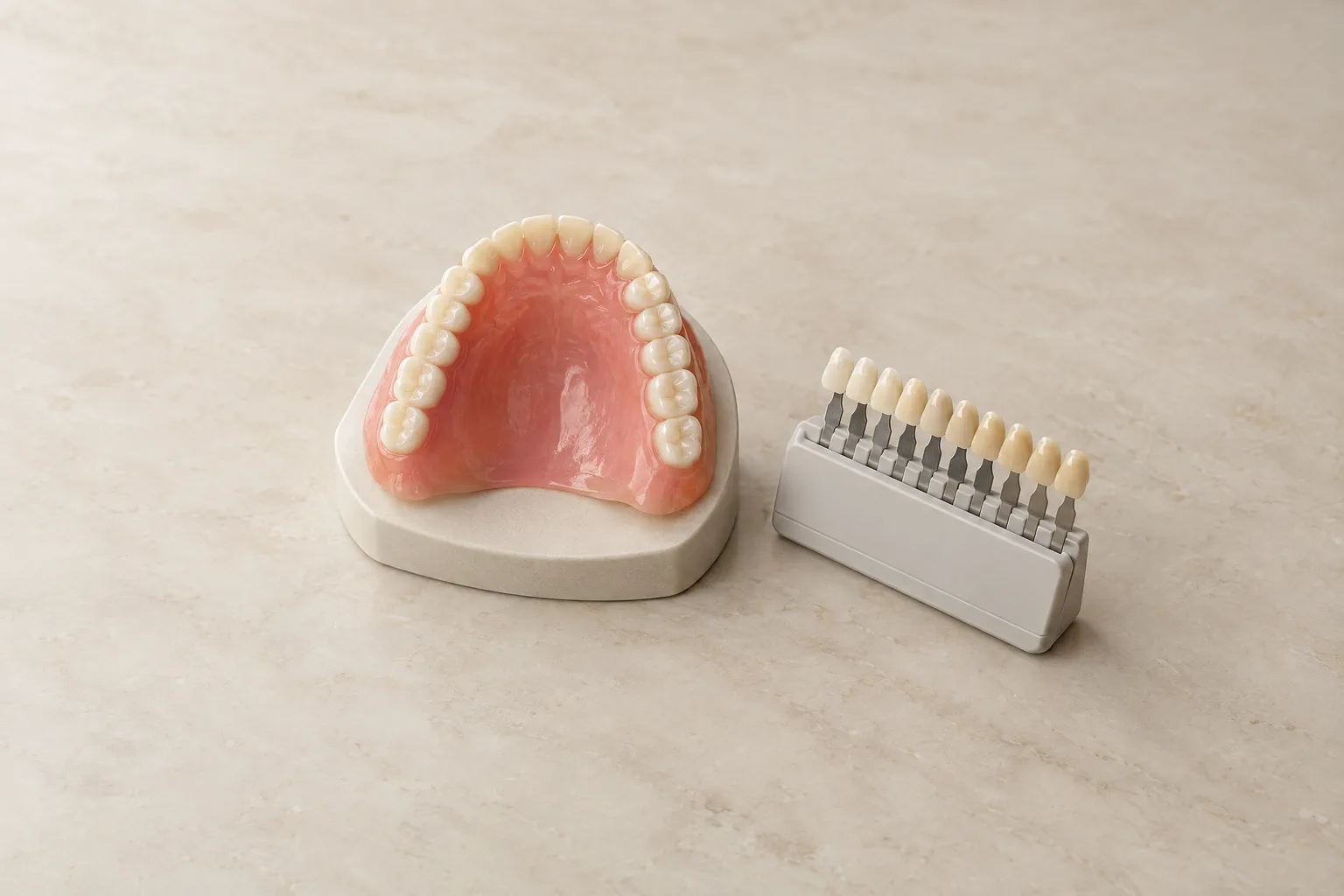 Illustrative upper denture beside mounted shade tabs.