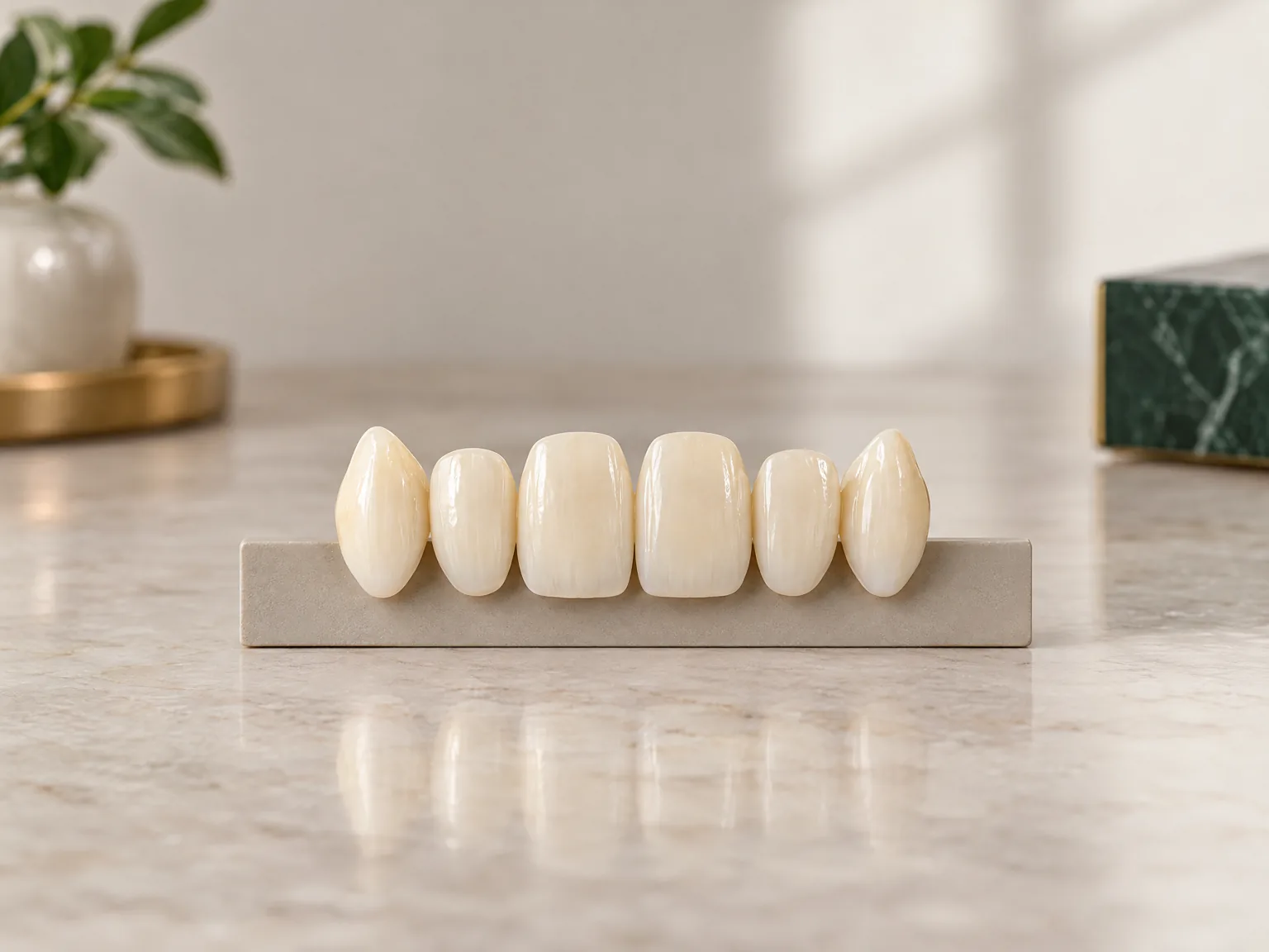 Illustrative denture tooth samples arranged on a neutral strip.