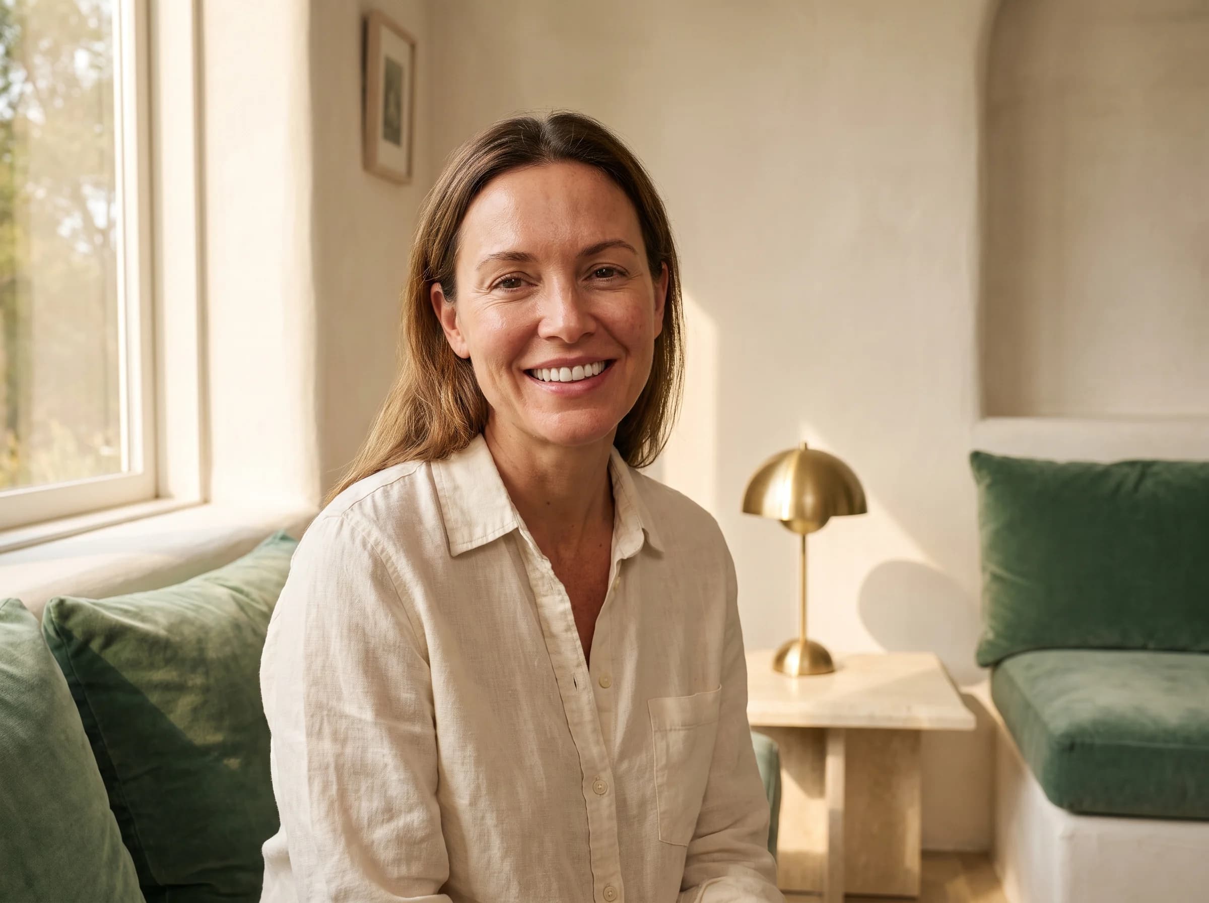 Editorial portrait of a smiling adult in a warm neutral interior.
