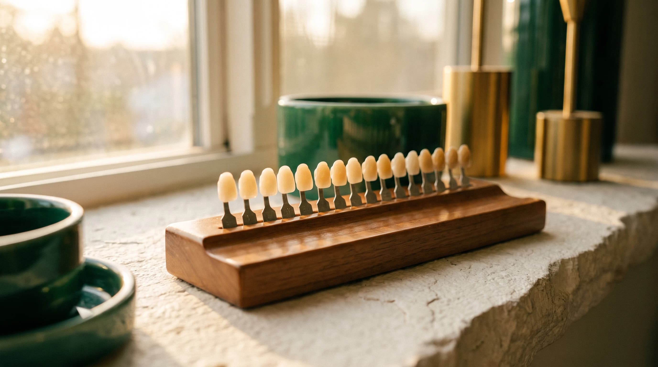 Dental shade tabs arranged in a wooden holder for comparing tooth colors