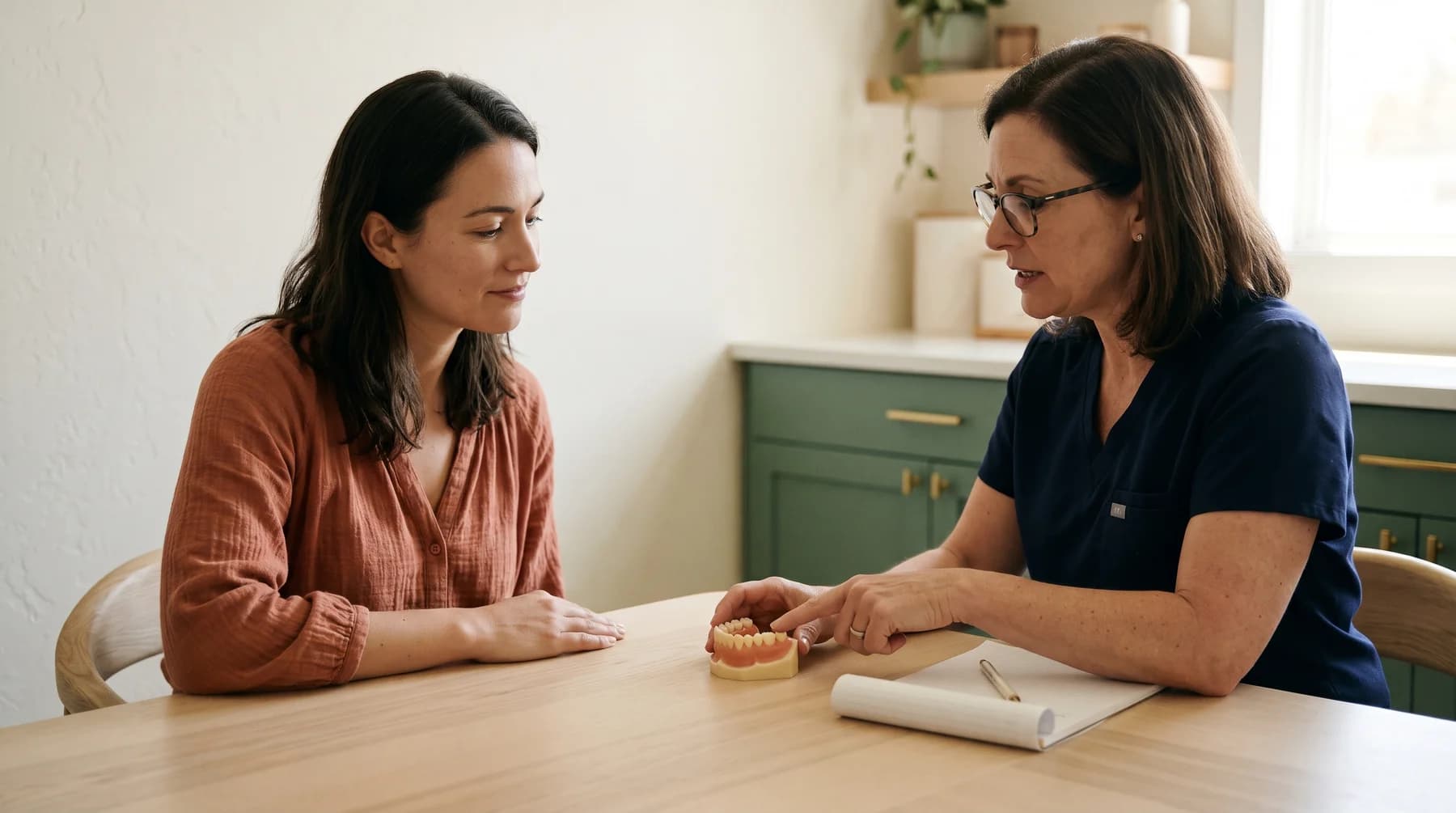 Illustrative discussion of dental care with a tooth model on a consultation table.
