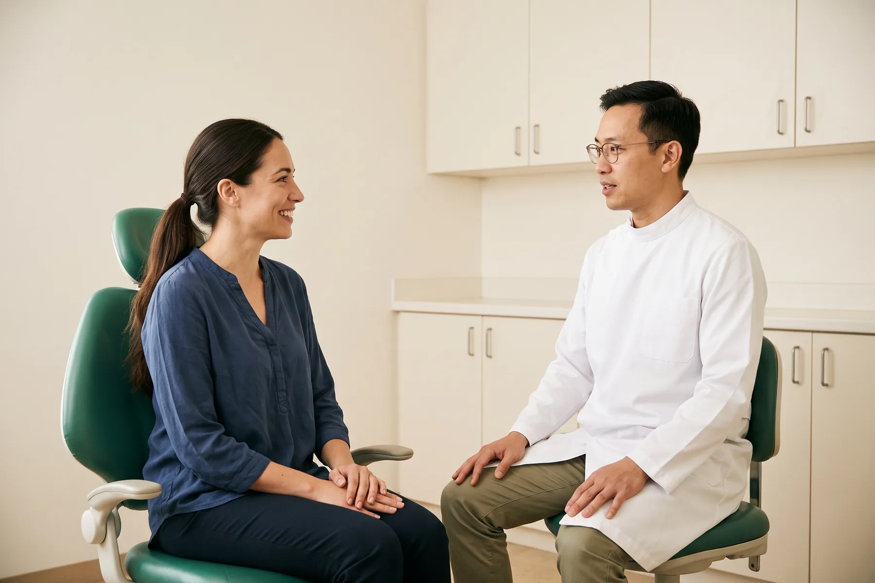 A smiling woman in a dental chair talking with a dentist in a white coat.