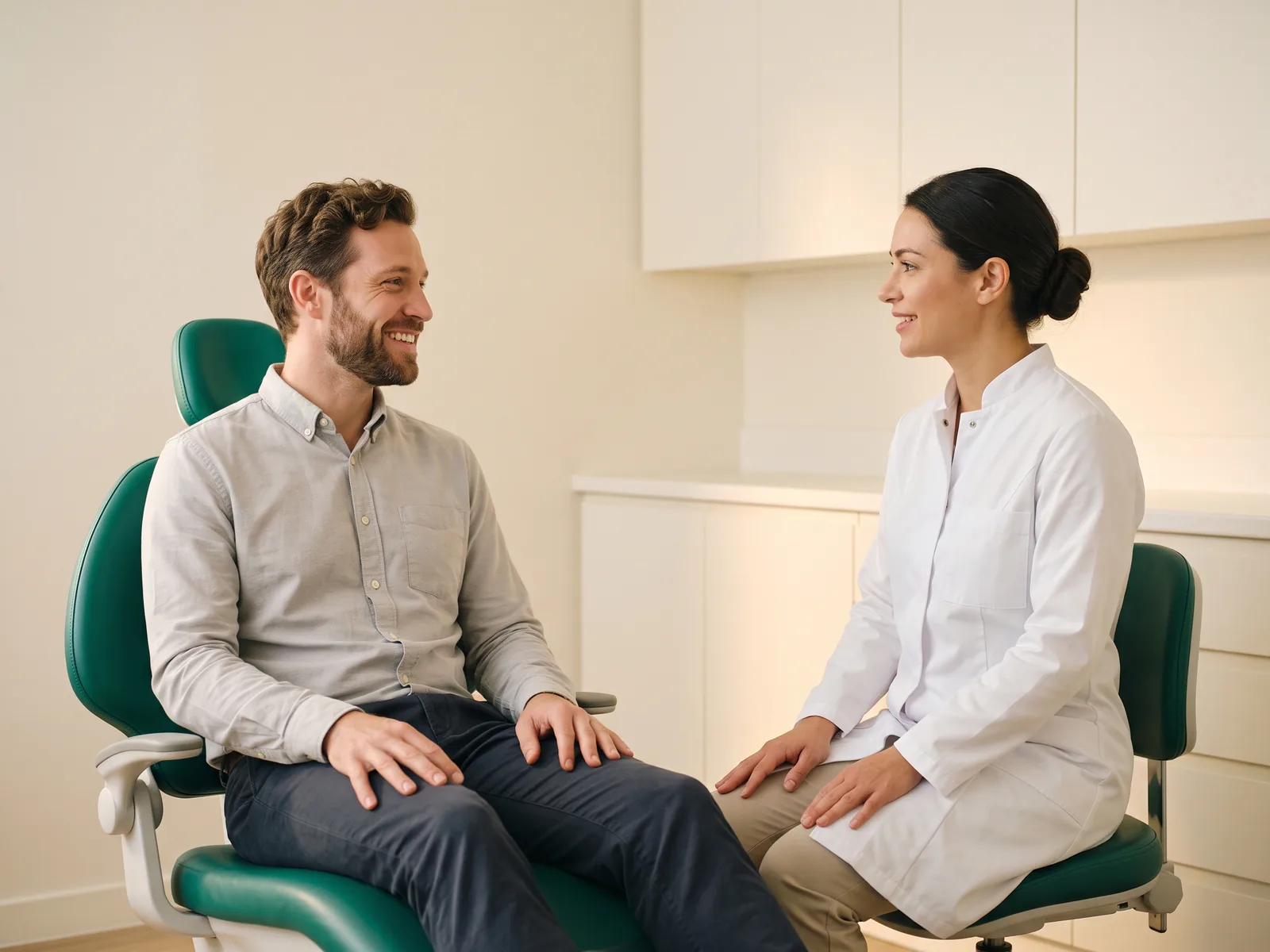 A smiling man in a dental chair talking with a dentist in a white coat.
